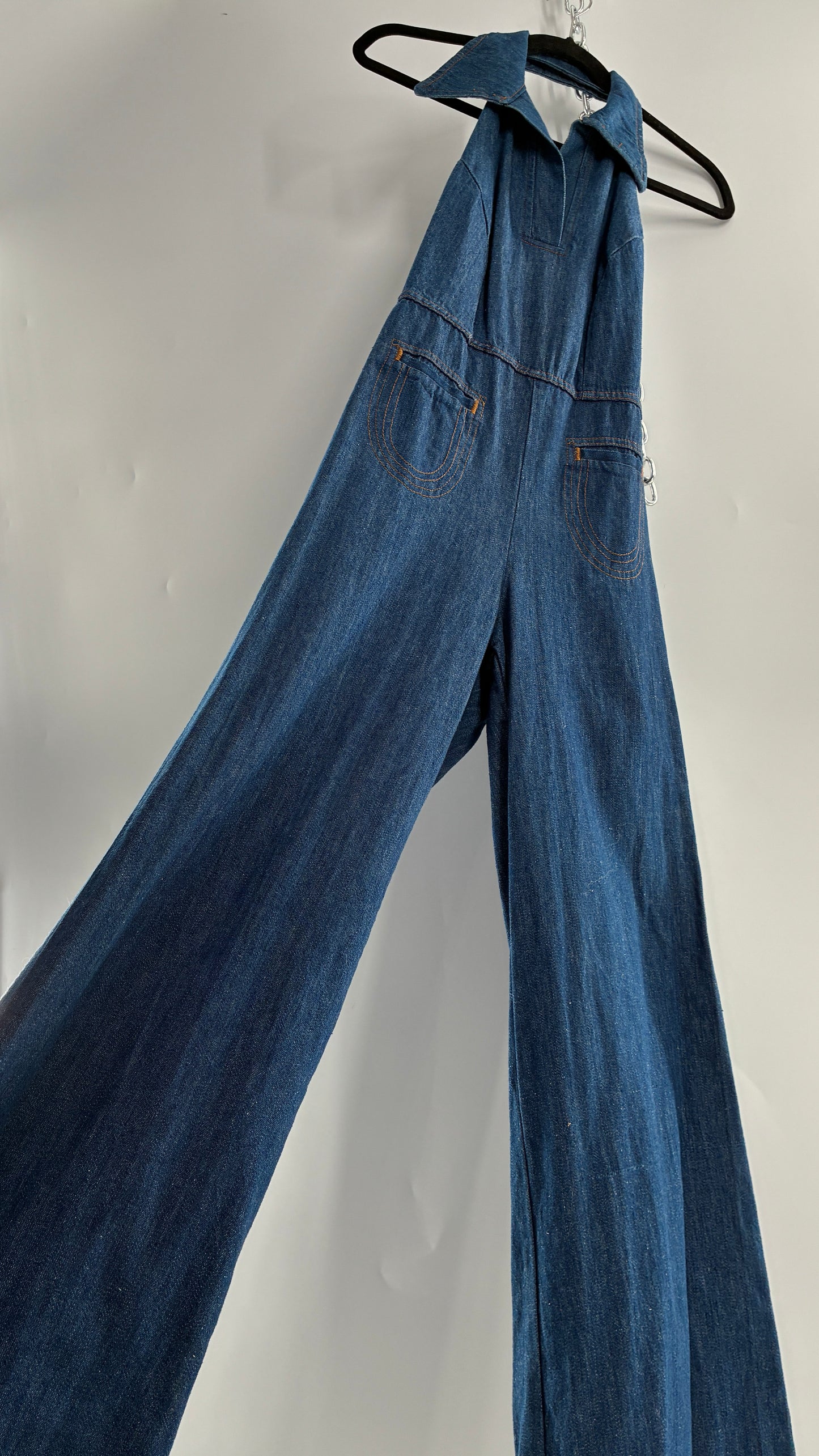 RARE Vintage 1970s Landlubber Medium Wash Denim, Sleeveless Halter, Wide Leg Bell Bottom, Jumpsuit (No Size on Tag, XS)