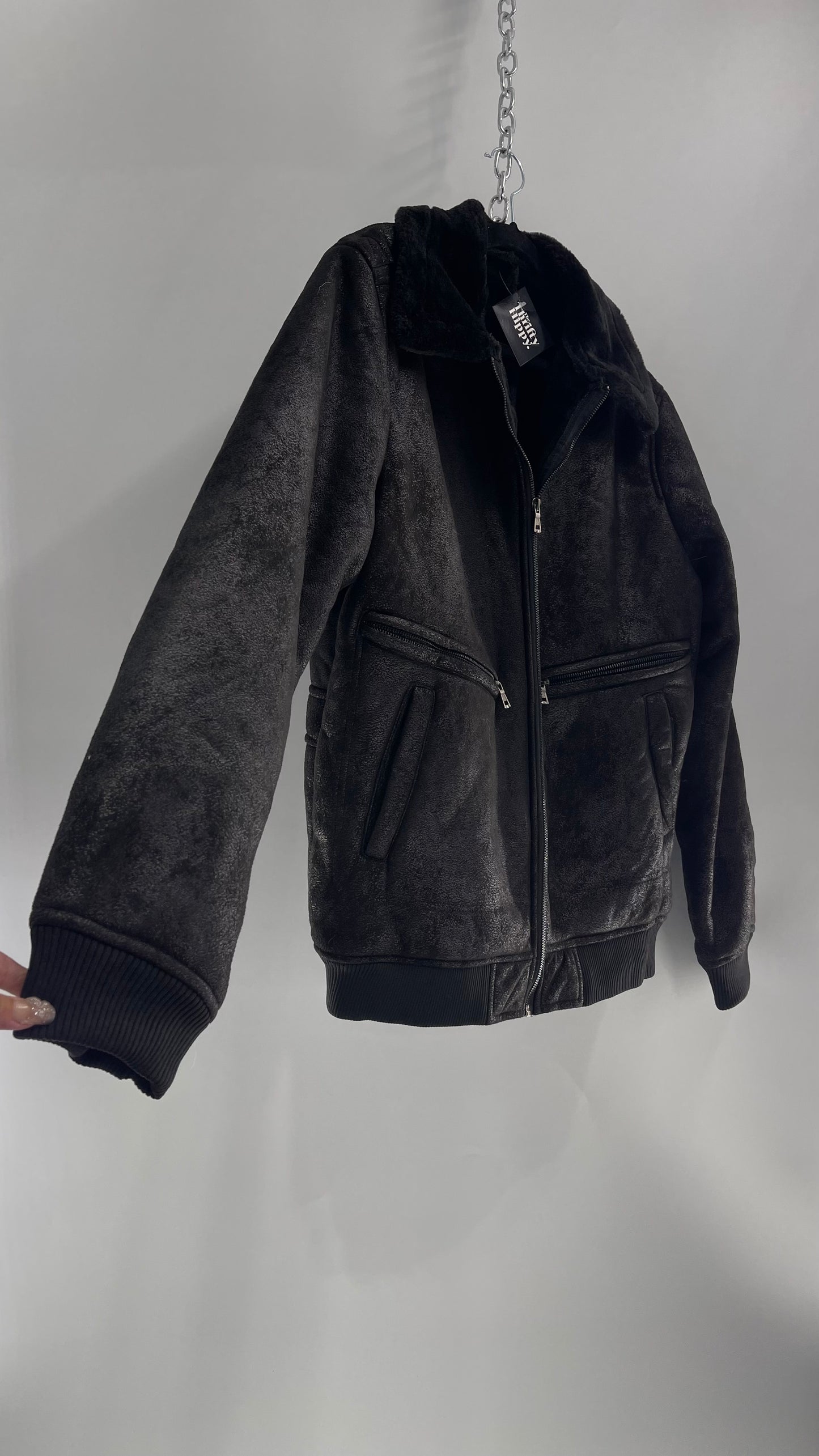 Black Faux Suede Bomber Jacket with Shearling Fur Lining (XL)