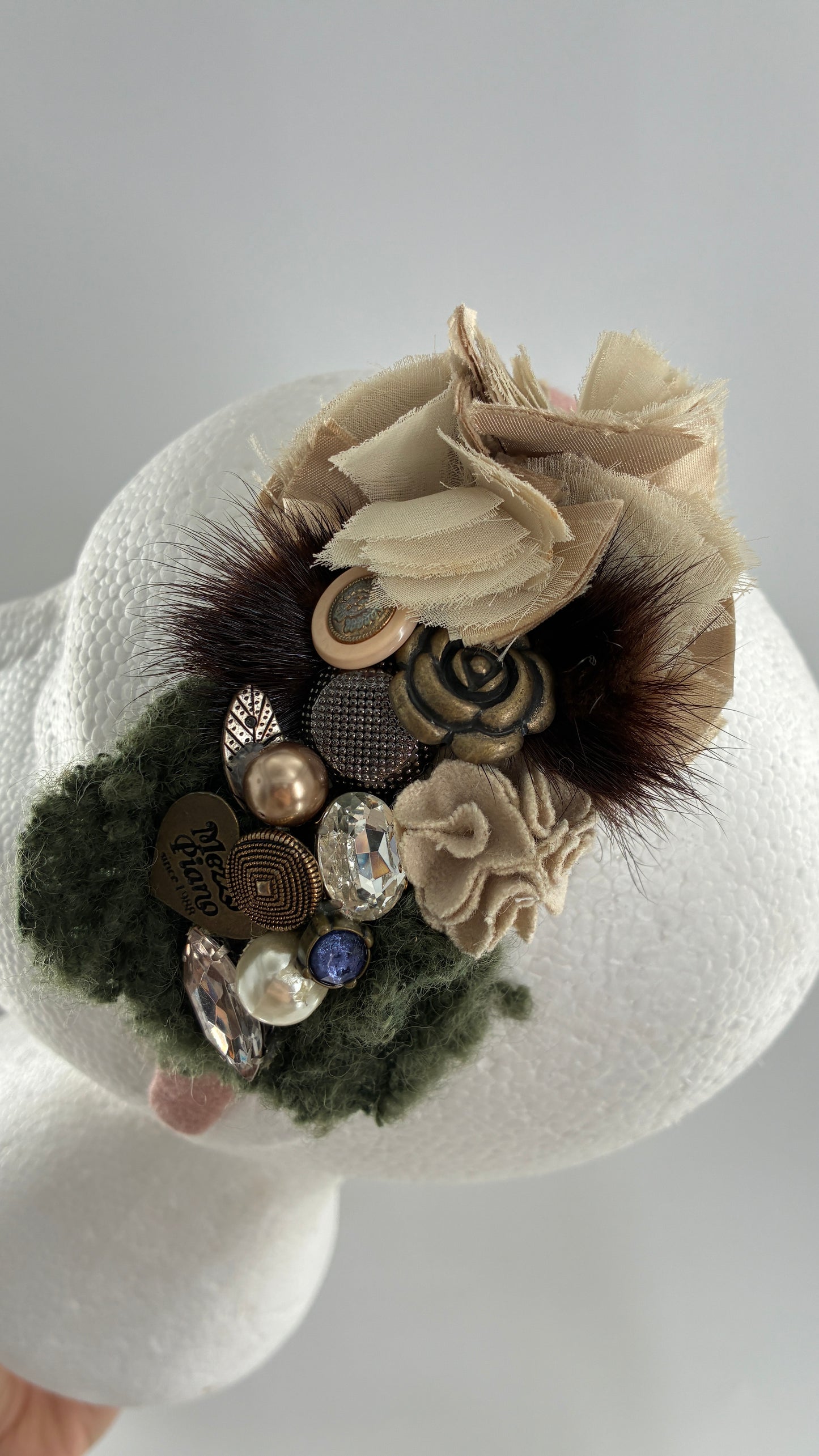 Vintage FARMER Handmade Pink Knit Headband with Wool, Buttons and Fur Appliqués