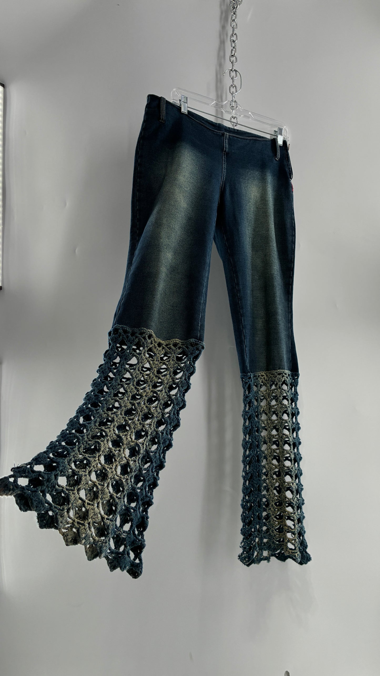 Vintage BONAIRE 1990s Rare Jeans with Faded Thighs + Bum, Low Waist, and Crochet Legs (34)