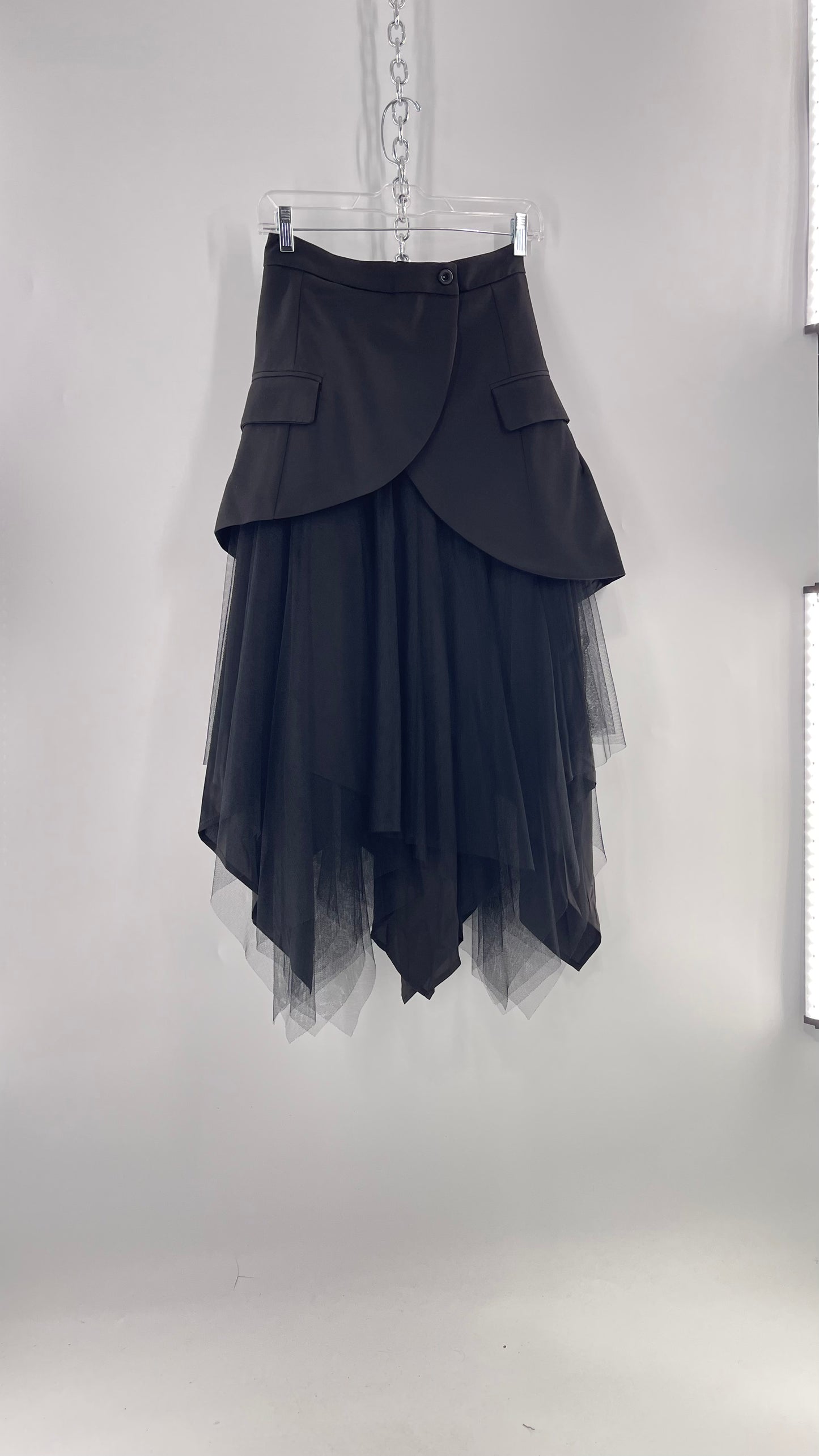Two Twin Style Black Blazer Skirt with Mesh Tulle Layered Handkerchief Hem (S)