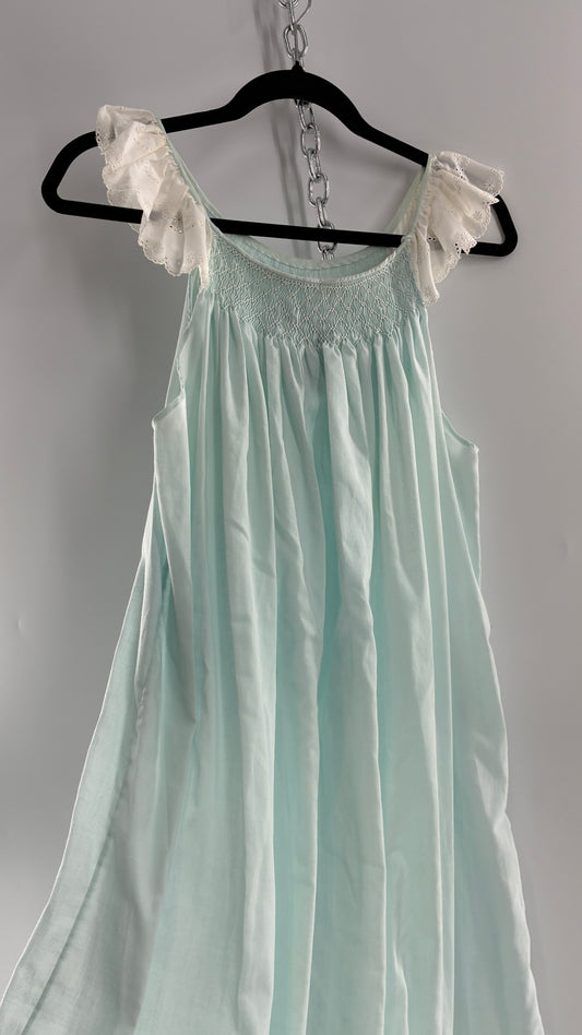 Vintage Baby Blue Nightgown Maxi with White Scalloped Lace Straps and Hem (Medium)