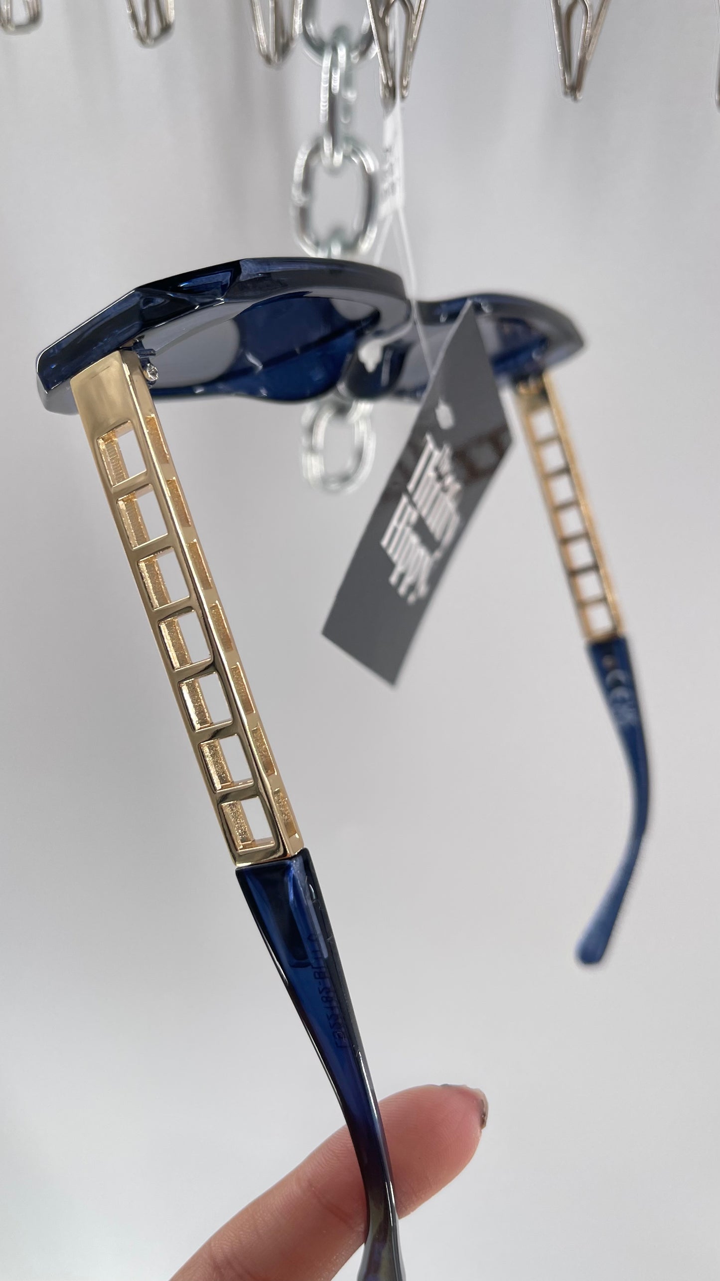 Navy Blue Rectangle Sunglasses with Gold Chain