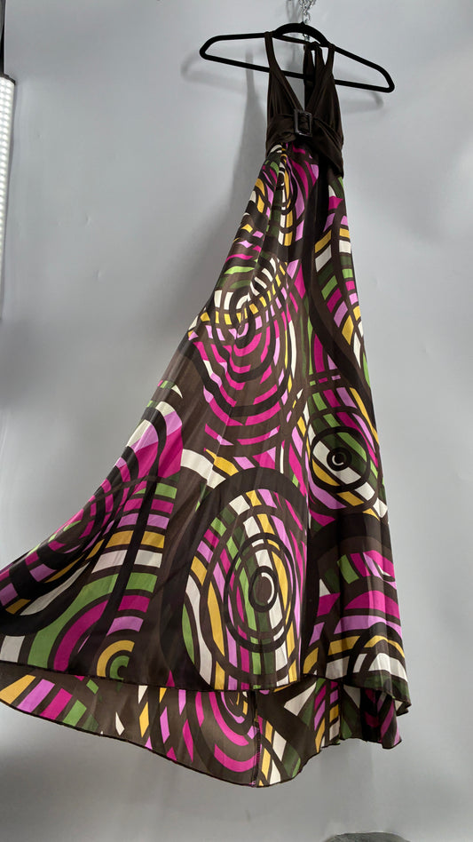 Vintage Candies Brown Patterned Gown with Belted Bust and Halter Neckline (Medium)