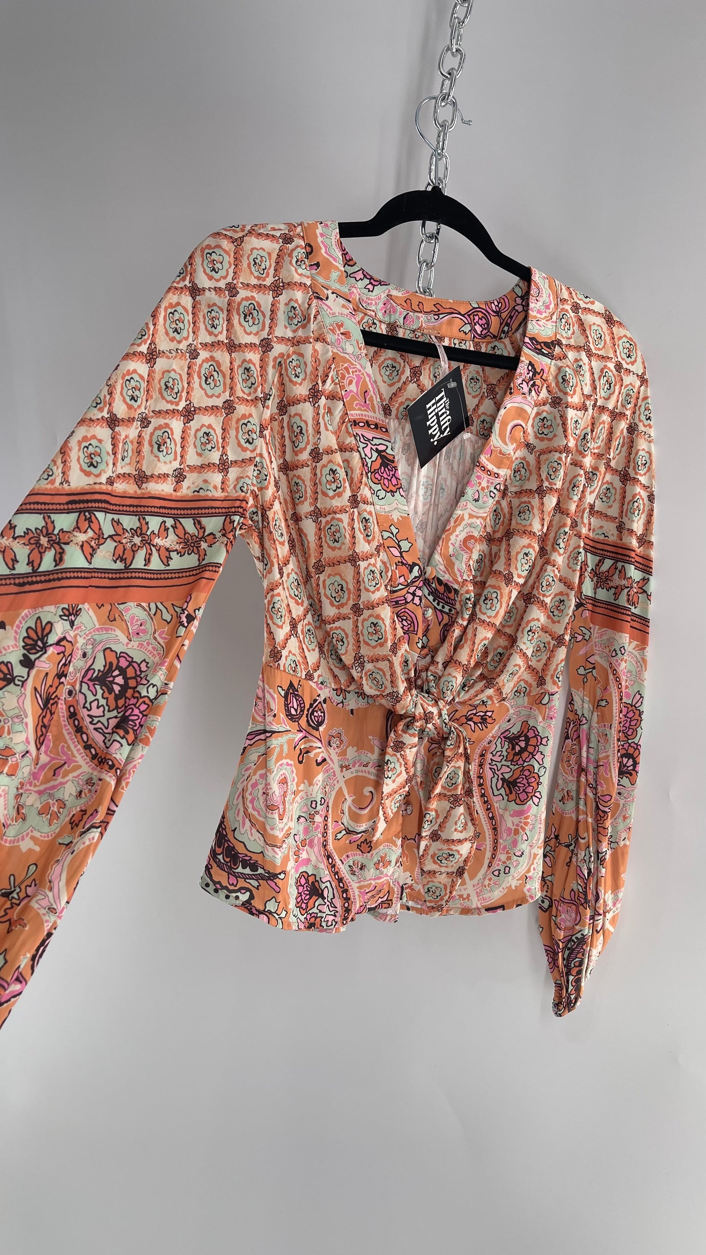 Free People Orange Pastels Paisley Blouse with Bust Tie and Balloon Sleeves (XS)