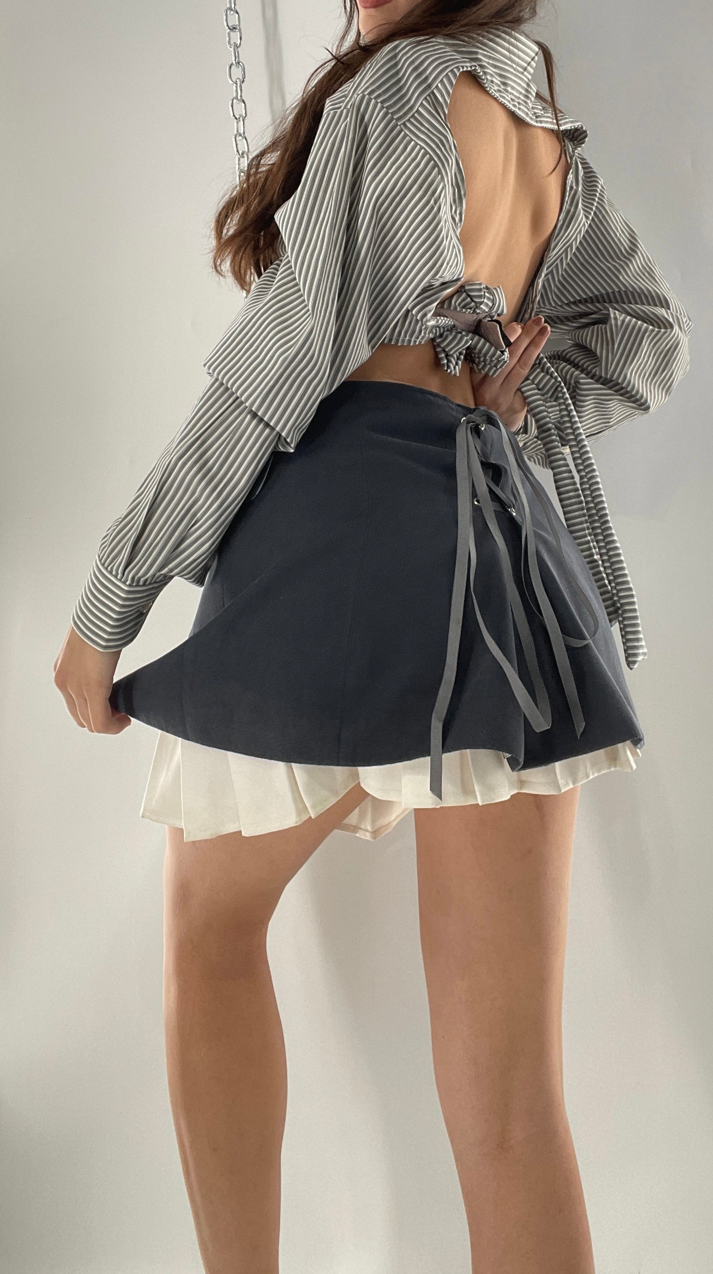 CUSTOM Handmade 2pc Suit Set Gray/Blue with Open Corset Back Skirt and Cropped Jacket (One Size)