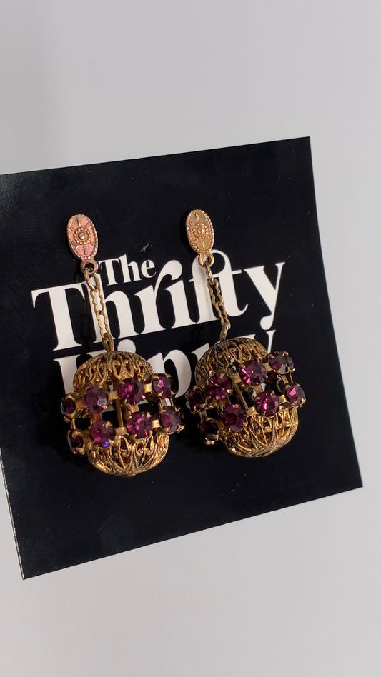 Vintage Bronze Ornate Cage Pendant Earrings with Purple Stone Details