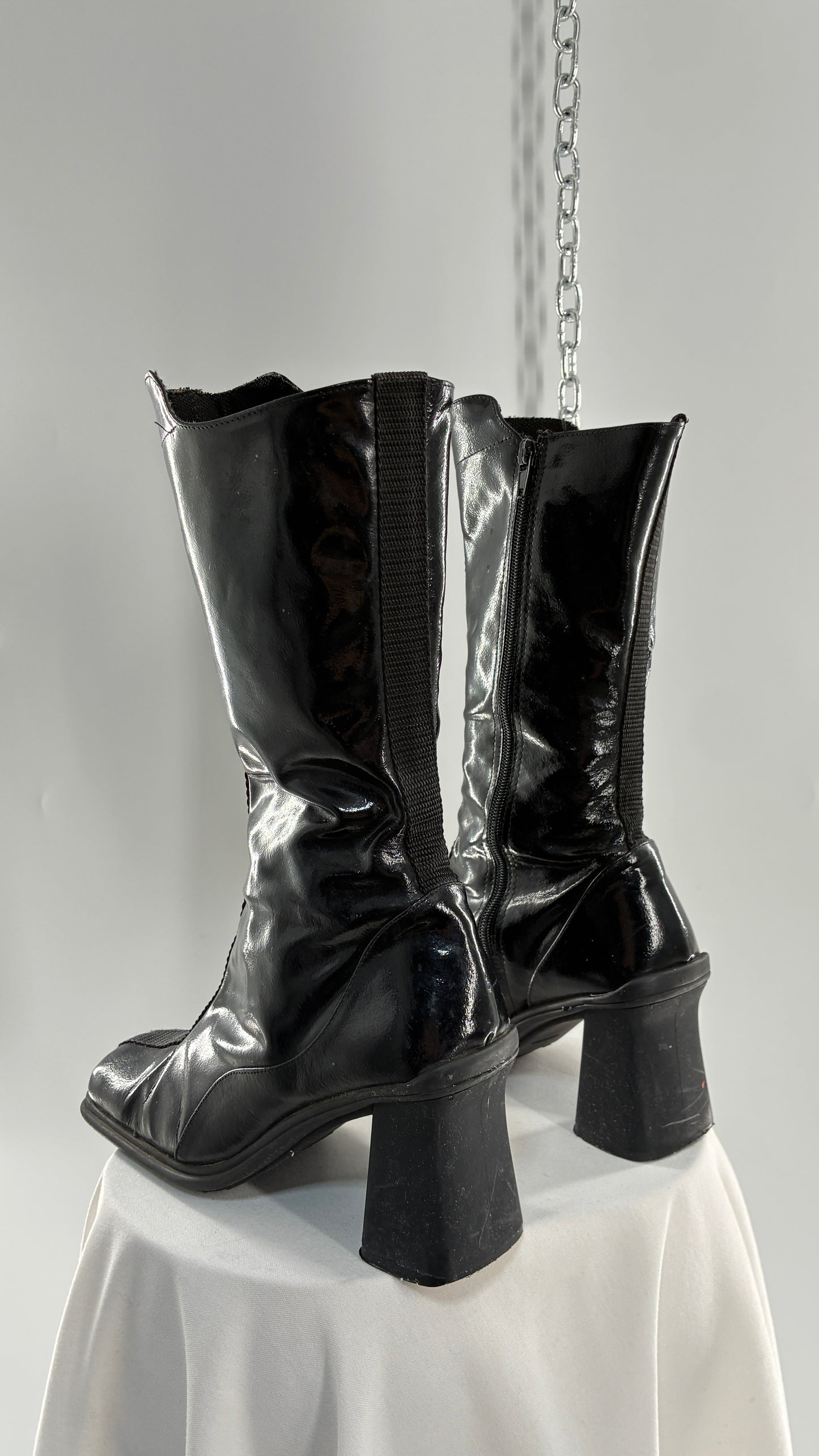 Vintage Black Patent Vinyl Boots with Square Toe and Block Heel with High, Low Calf (40)