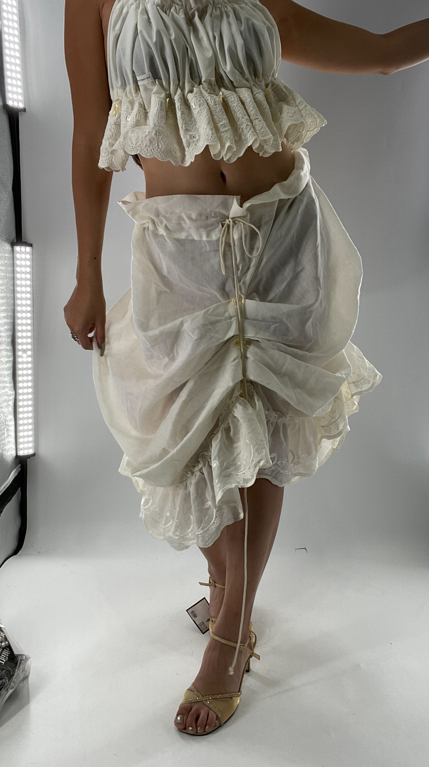 Custom Vintage Cottage Off White Set with Ruched/Scalloped Lace/Backless Top and Draping/Ribbon Skirt (One Size)