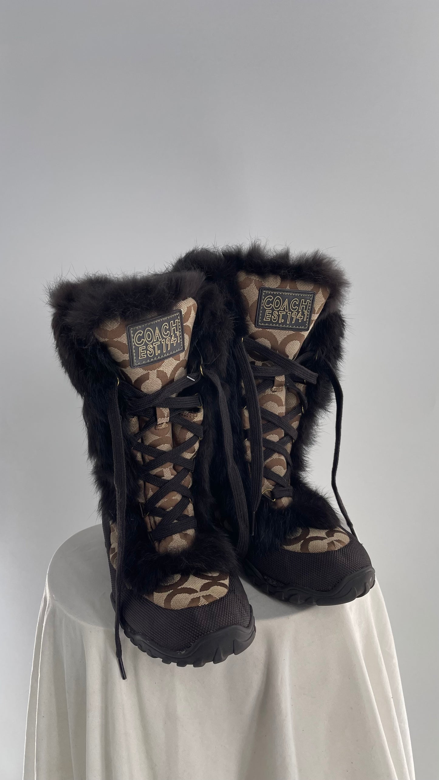 COACH Jennie Signature Quilted All Over Monogram Print Winter Boot with Rabbit Fur Trim (9)