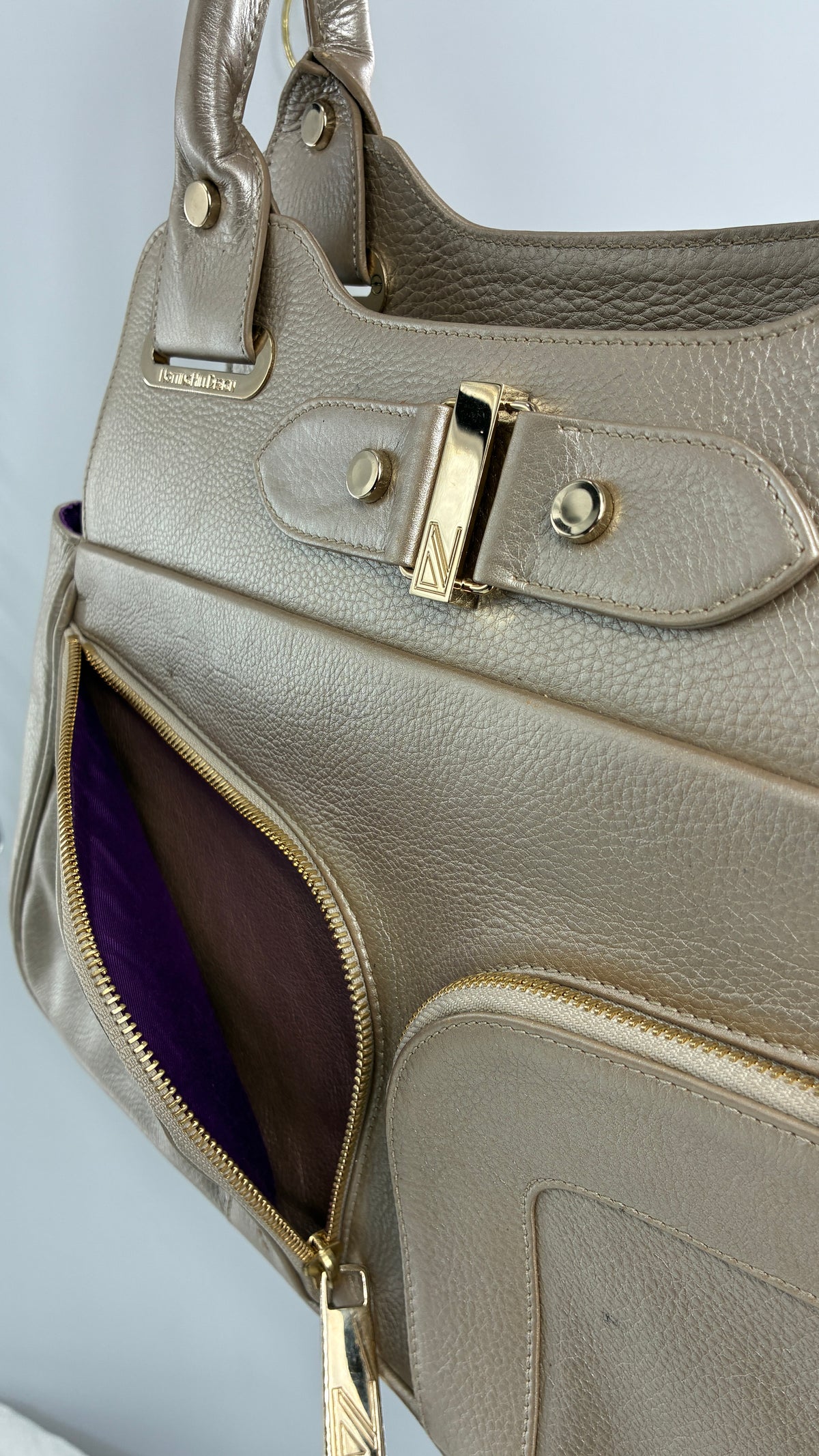Vintage NOTTINGHILL DESIGNS Westbourne Metallic Champagne Genuine Leather Pocketed Bag with Exaggerated Hardware As Seen on Gossip Girl