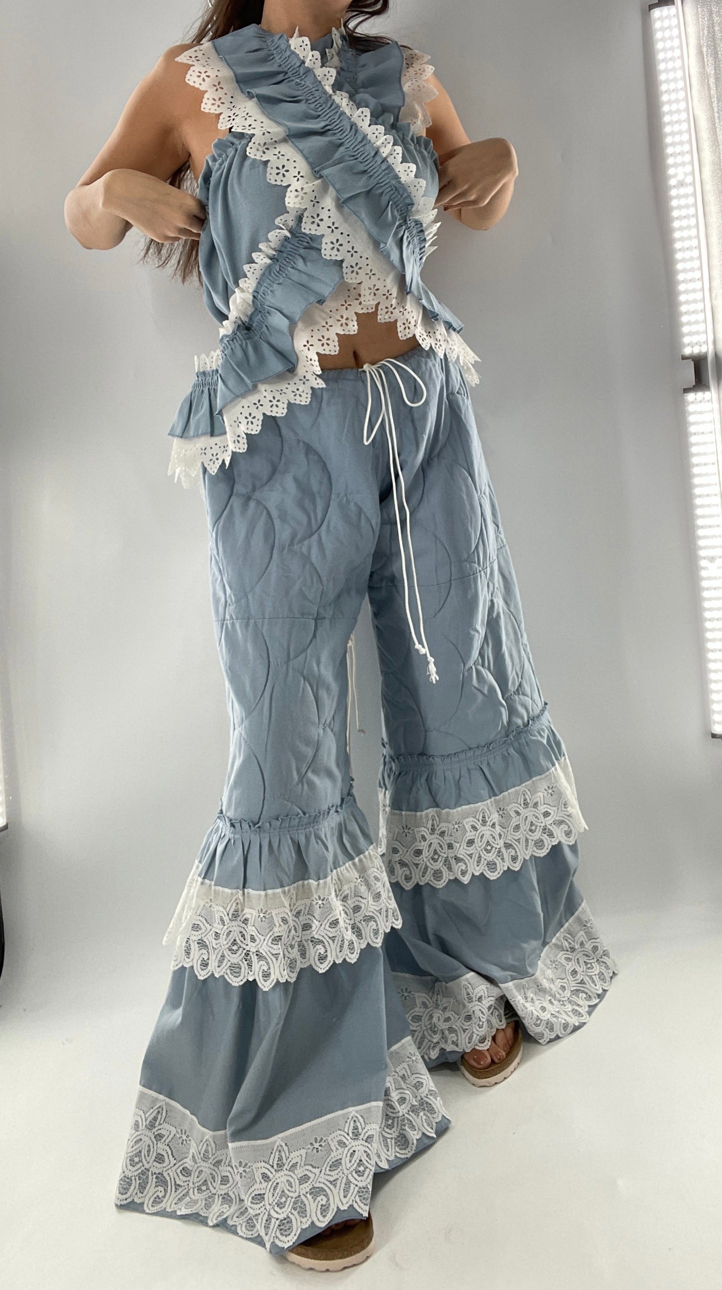 Vintage 2 Piece Powder Blue Set Featuring 2Way Blouse and Quilted Trousers Covered in Ruffles, Lace and Trim (One Size)