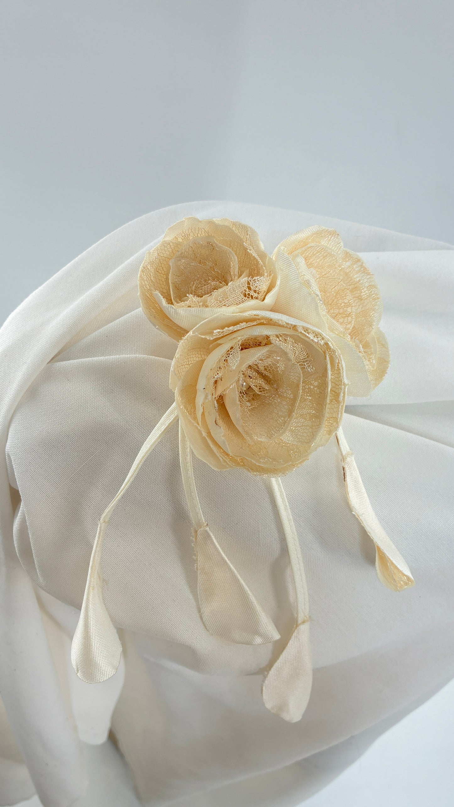 Vintage Brooch Pin: Oversized Rosette Cluster of Handmade Off White Satin and Lace Flowers with Pearl Center