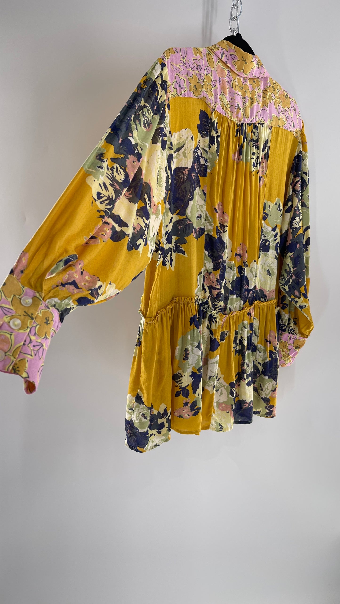 Free People Oversized Button Up Contrast Pattern Yellow Floral Blouse (XS)