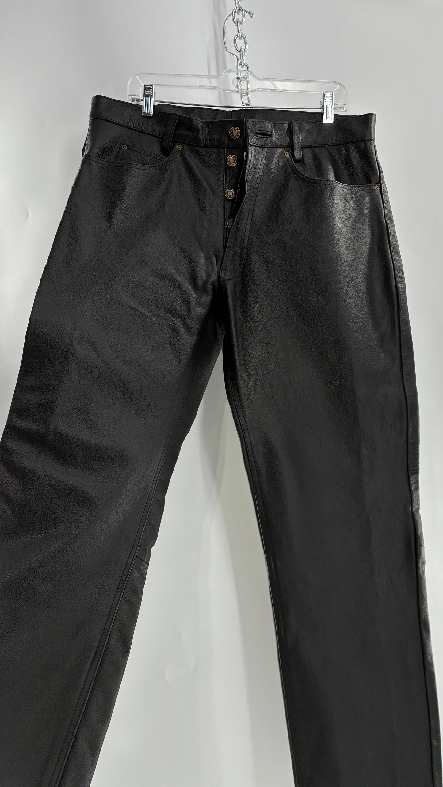 Vintage Button Front, French, Black, Thick Genuine Leather Pants (36)