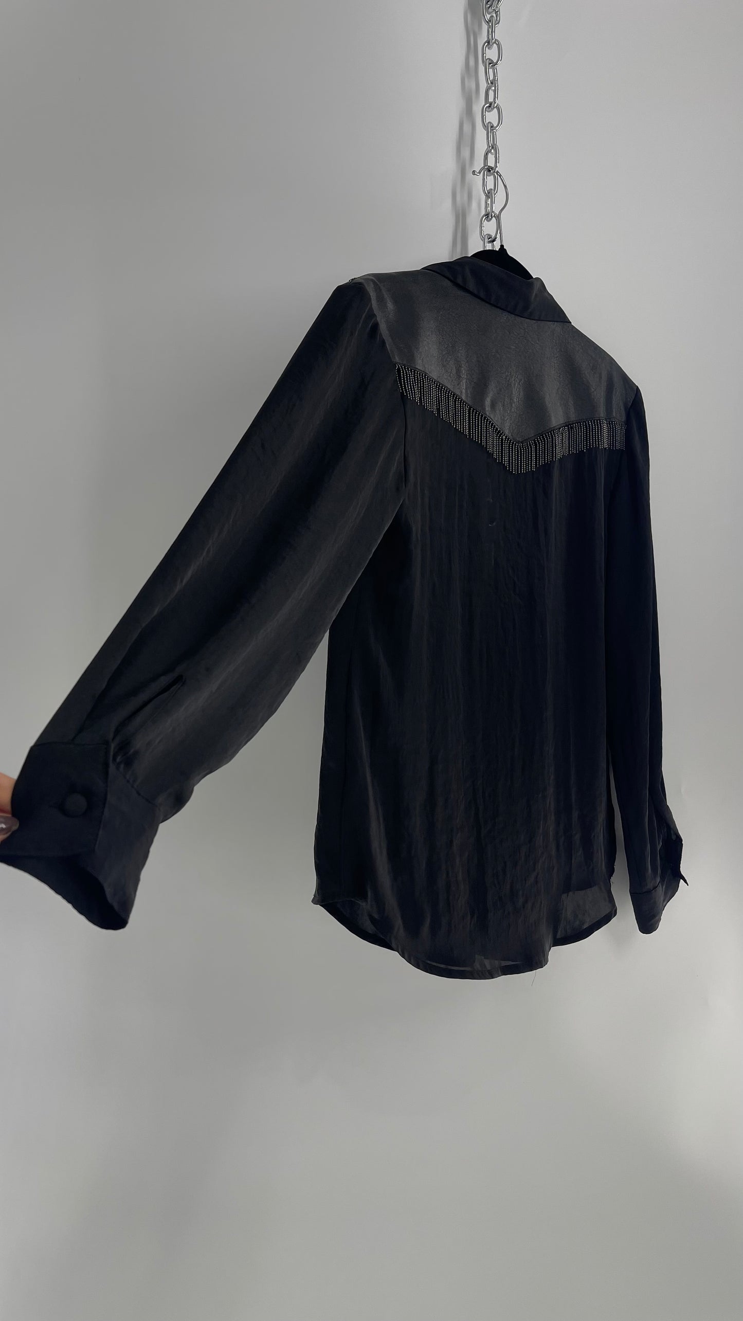 Urban Outfitters Cowboy Silky Black Fringe Button Up(C)(Small)