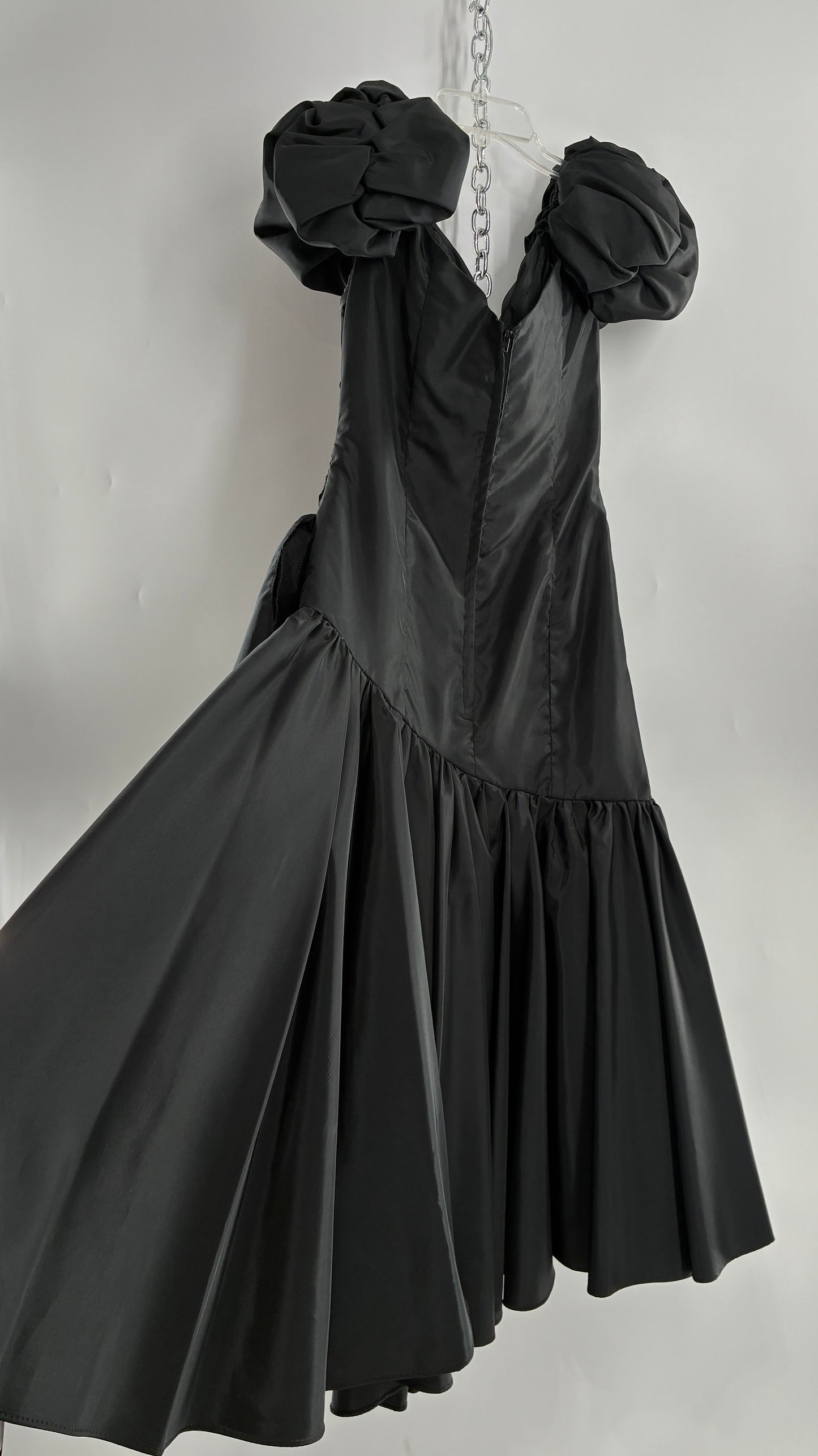 Vintage 1980s Black Gown with Ruched Bodice, Exaggerated Puff Sleeves, and Tiered Skirt (Measured)