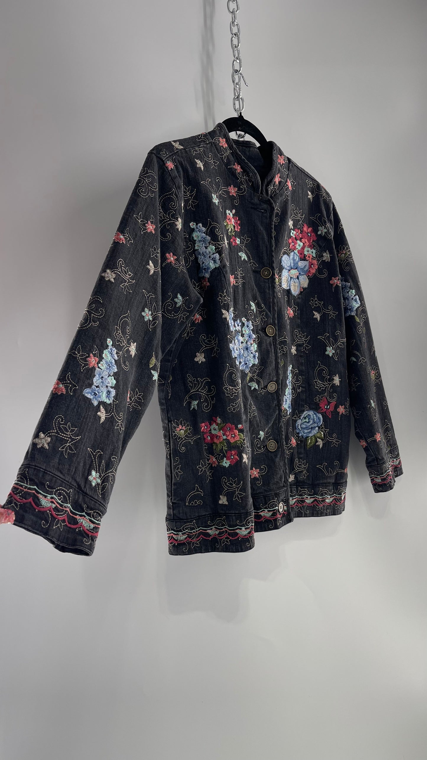 Vintage Gray Denim&Co Jacket Covered in Embroidered Florals (Medium)