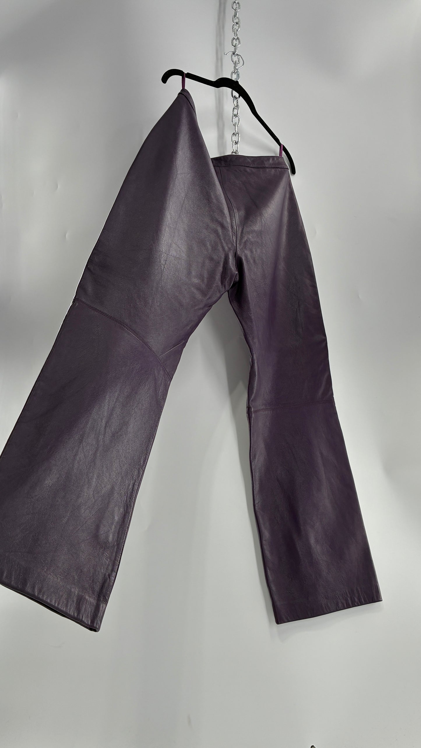 Vintage SHIN CHOI Genuine Italian Leather Purple Side Closure Low Rise Pants (12)