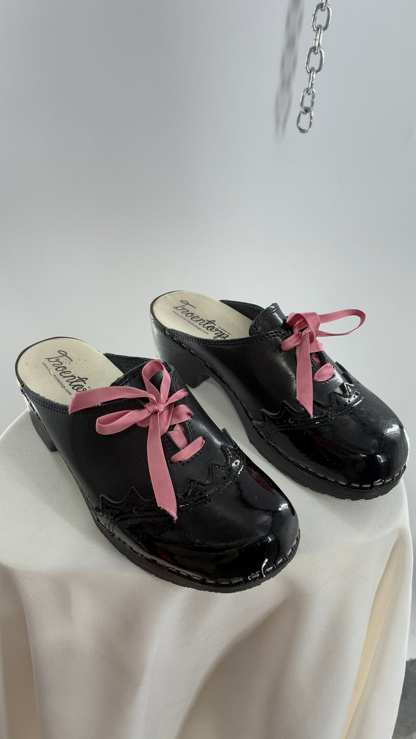 Vintage 1970s TROENTORPS Black Patent Leather Clogs with Ribbon Tie Detail (38)