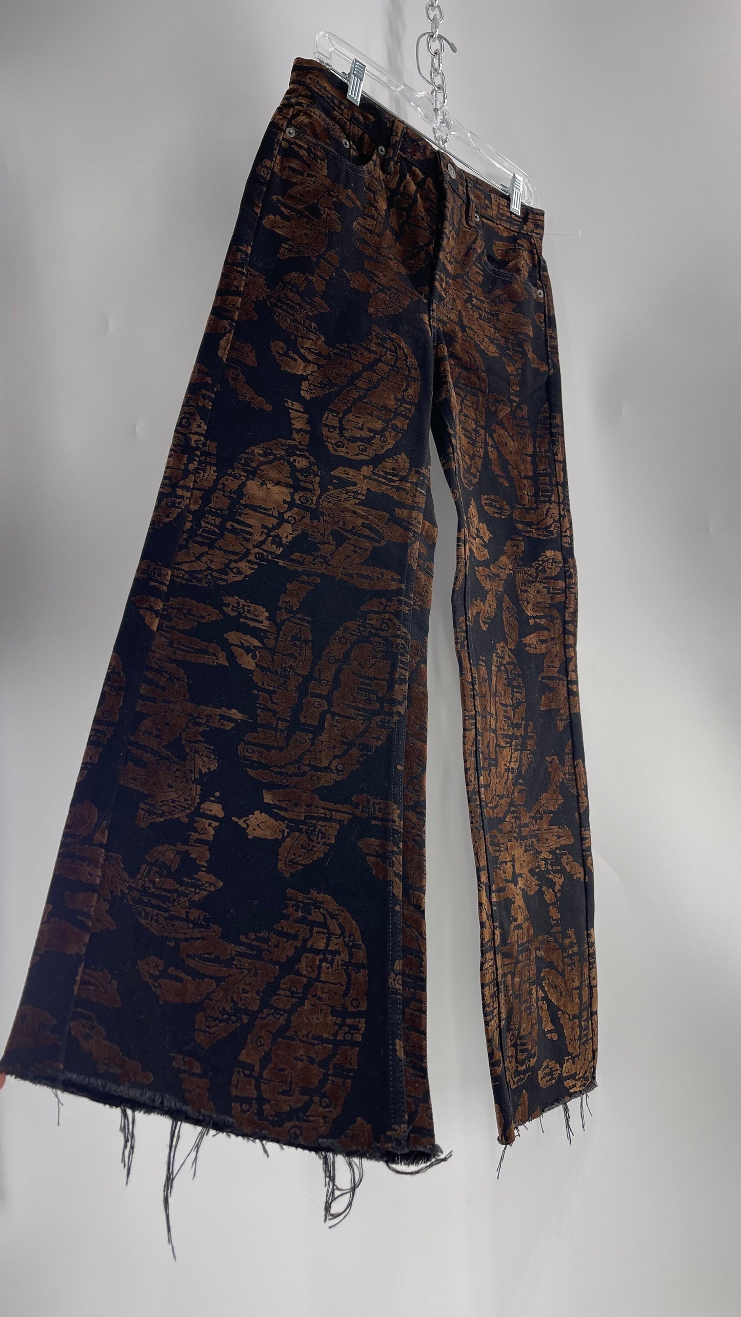Free People Black/Brown Velvet Texture Graphic Straight Legs with Raw Edge Hem (27)