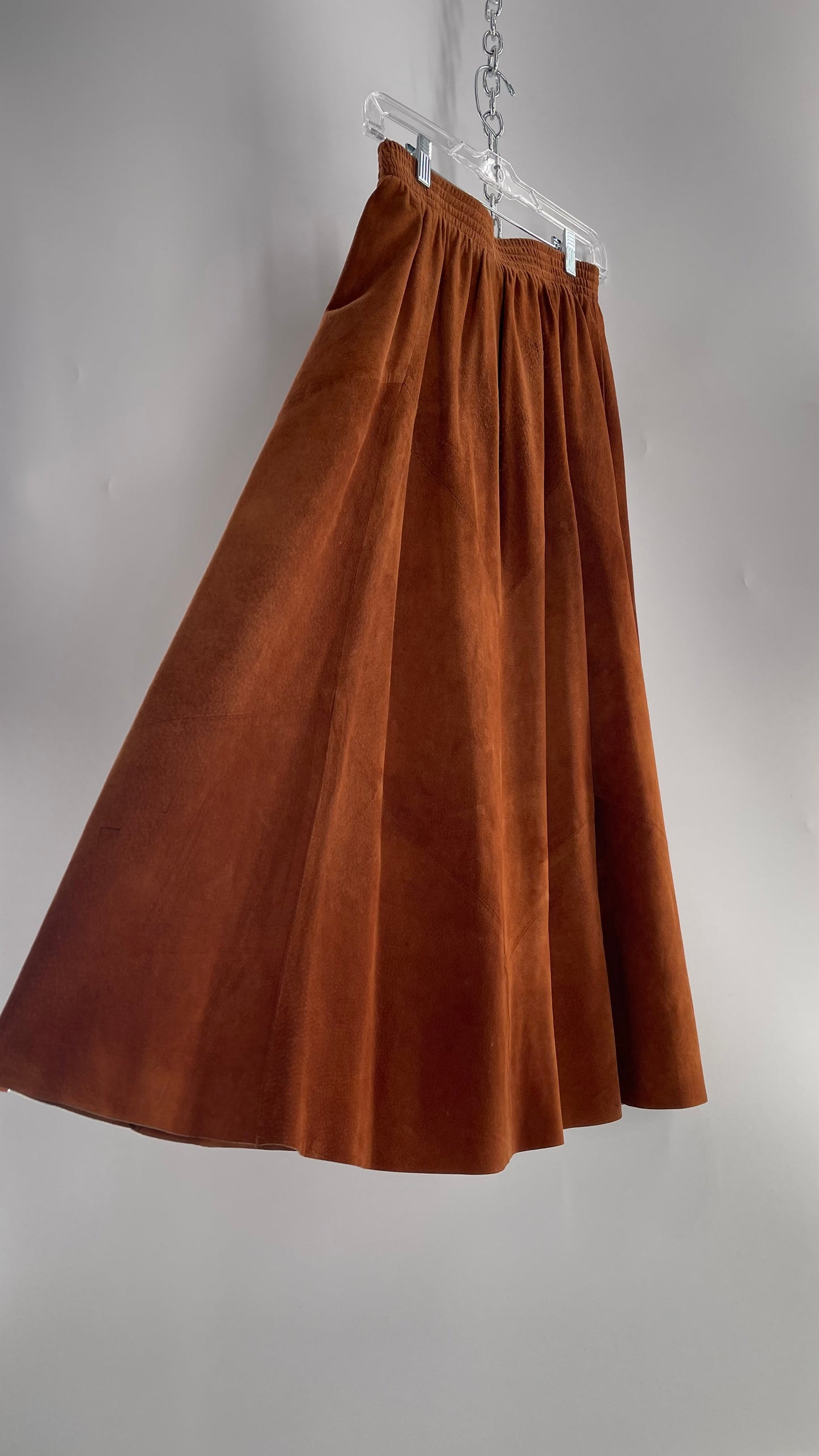 Vintage Brown Leather Suede Paneled Voluminous Skirt Assembled in Mexico (S)