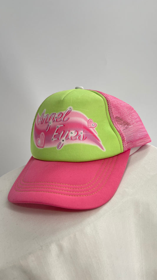 Angel Eyes Pink and Green Airbrush Trucker Hat