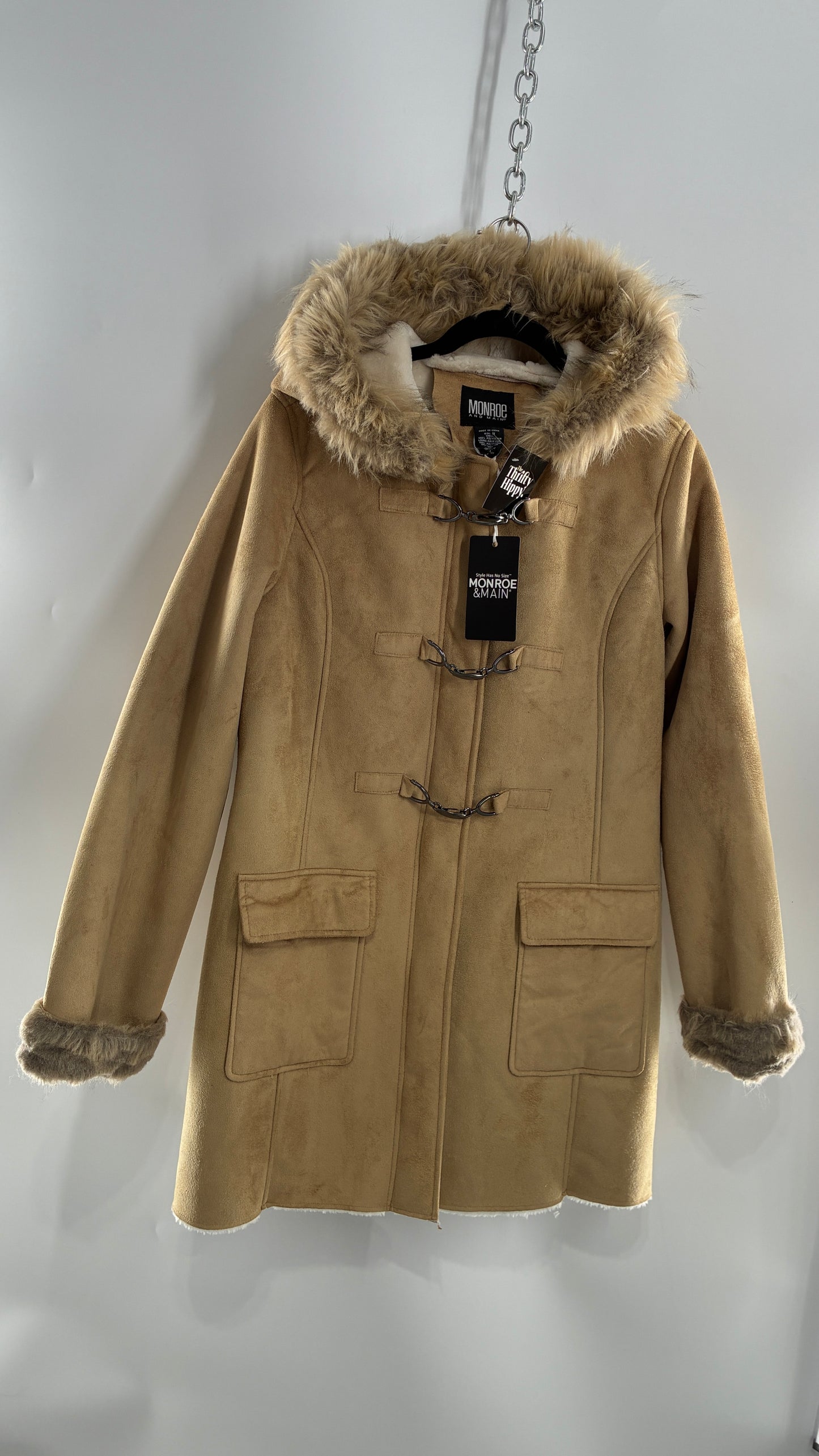 Deadstock Vintage MONROE AND MAIN Vegan Suede Coat with Fur Cuffs and Hood, Tags Attached (Medium)