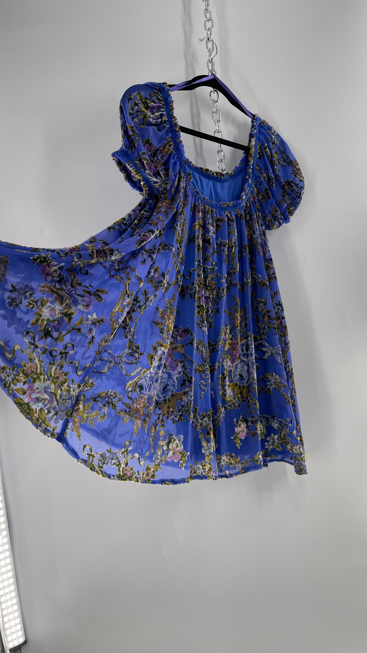 Free People Royal Blue Velvet Floral Babydoll Dress (Small)
