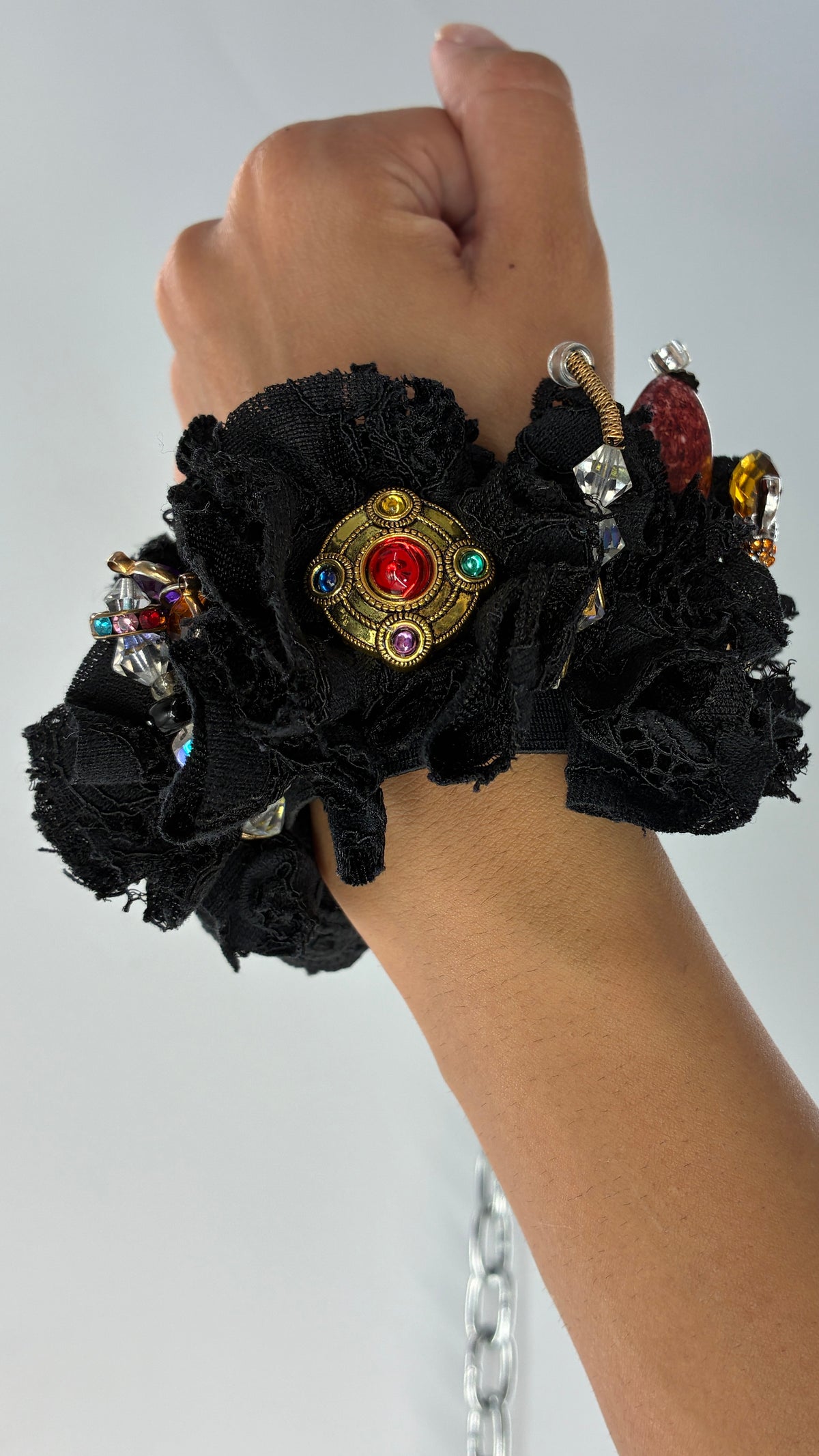 Handmade Black Rosette & Eclectic Charm Statement Cuff