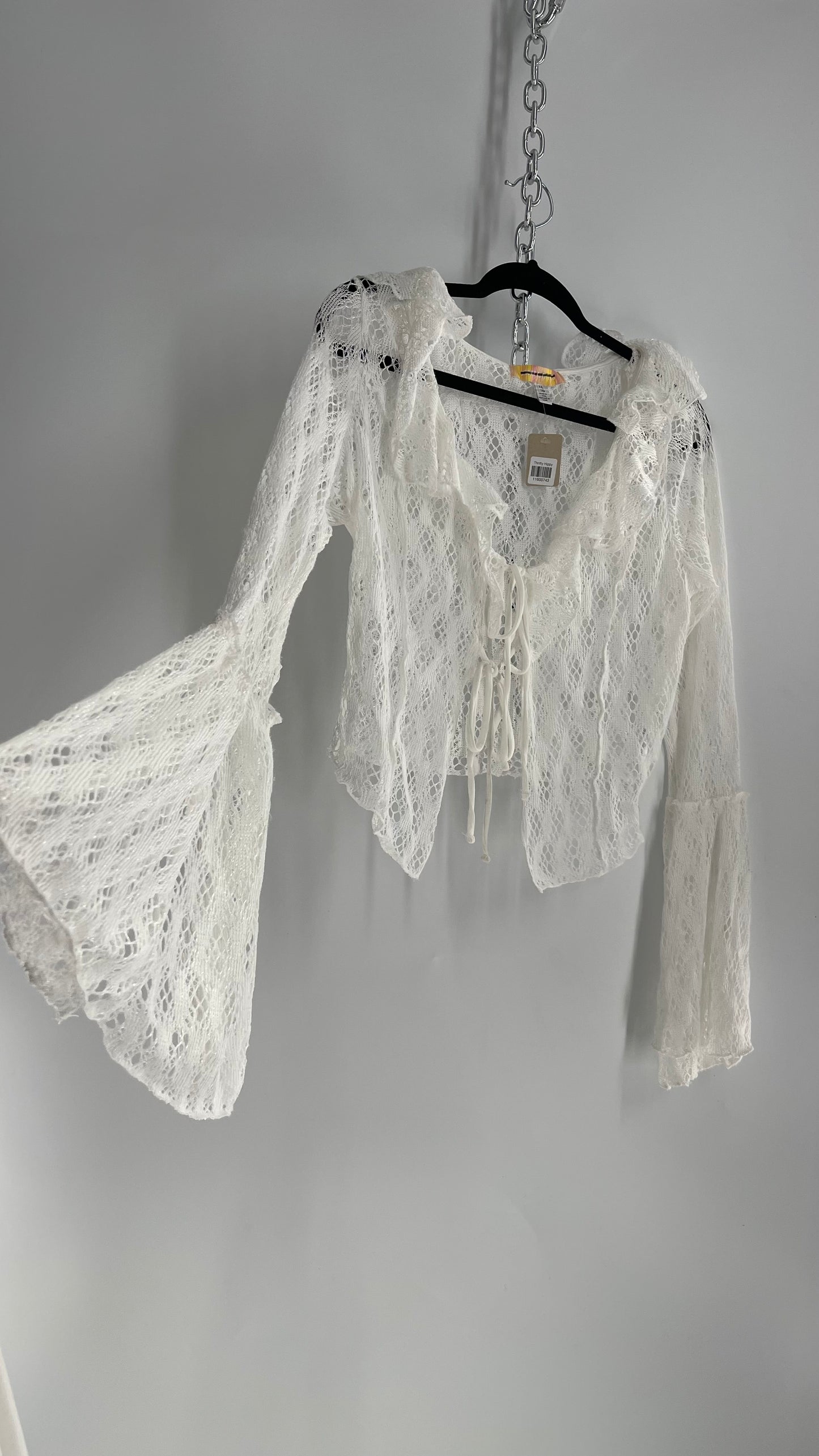 Urban Outfitters White Lace Bell Sleeve, Ruffled Neckline, Tie Bust Blouse (XL)