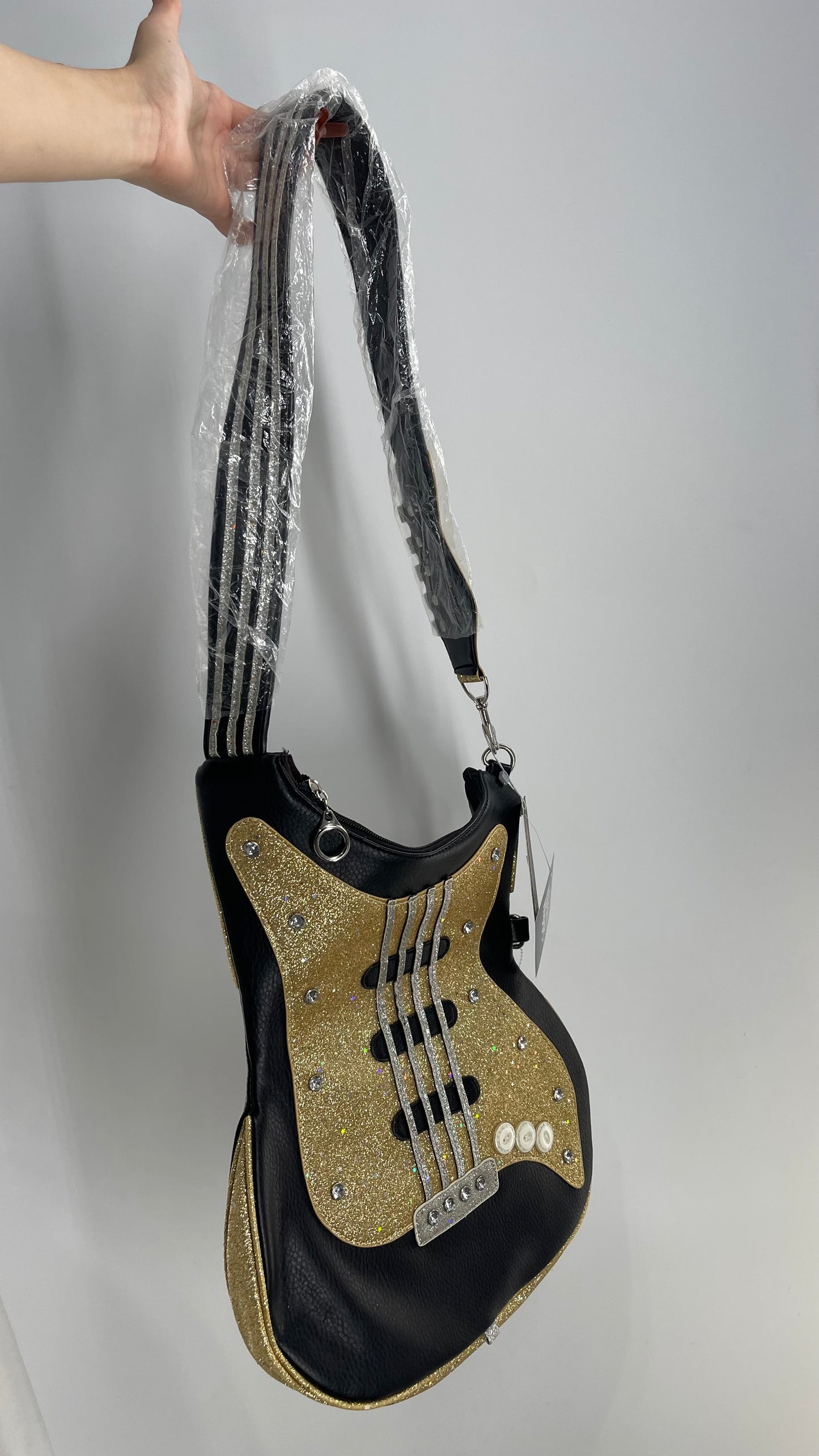 Deadstock Vintage Leather Glitter Guitar Purse with Fretboard Strap and Tags Attached