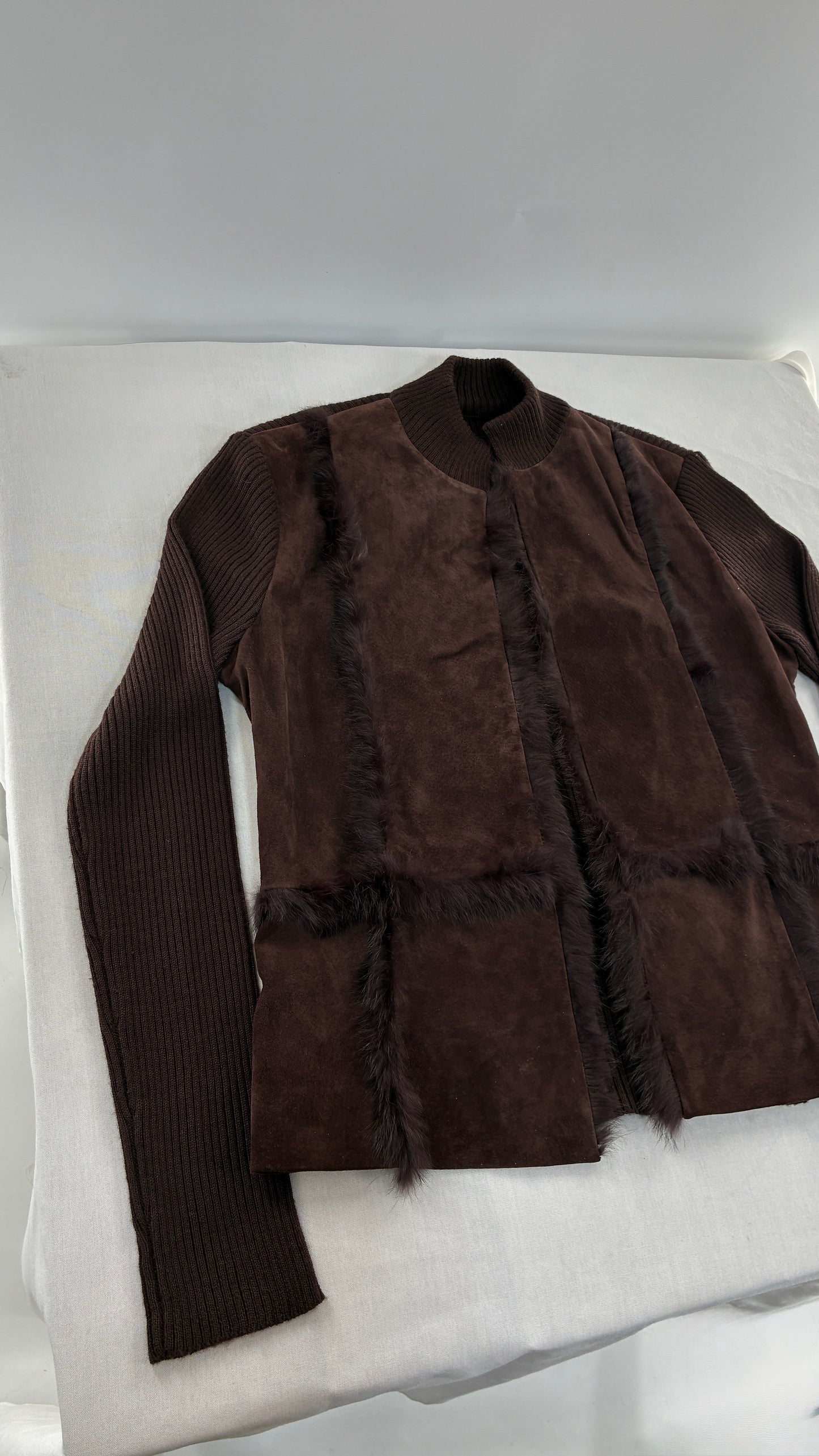 Vintage Brown Ribbed Jacket with Genuine Suede Leather Paneling and Rabbit Fur Trim (Medium)