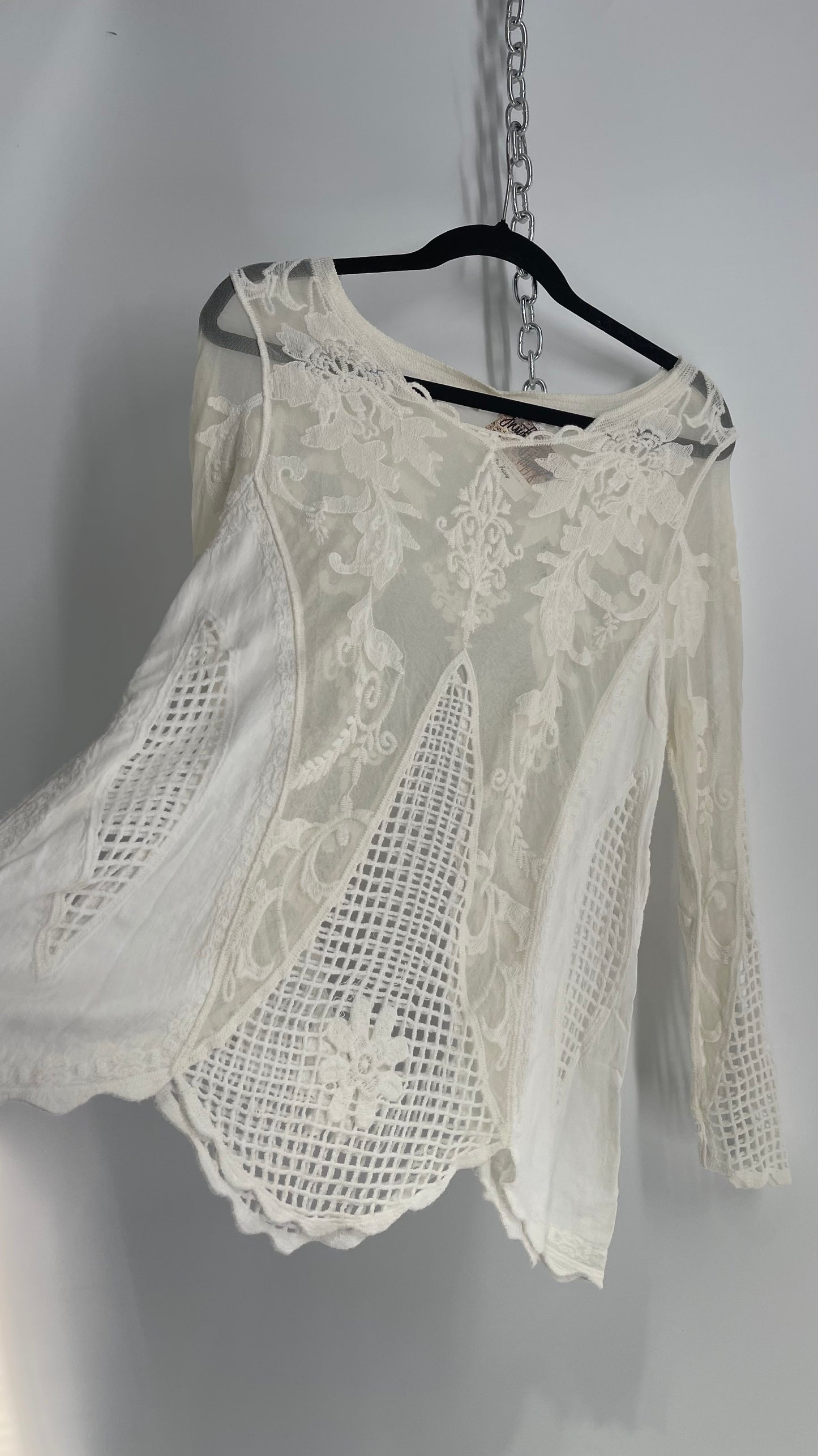 Embroidered Off White Lace and Mesh Paneled Long Sleeve (Medium)