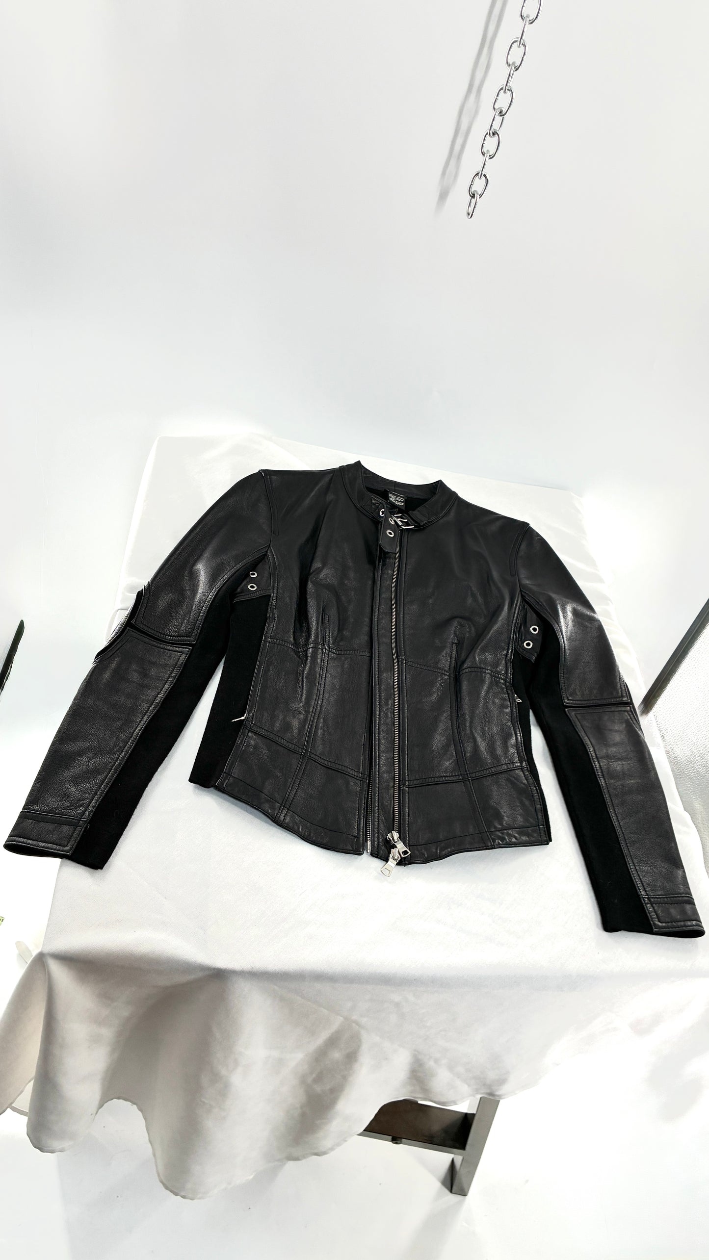 Vintage INC Black Genuine Leather and Wool Blend Paneled Patch Motorcycle Jacket (Medium)