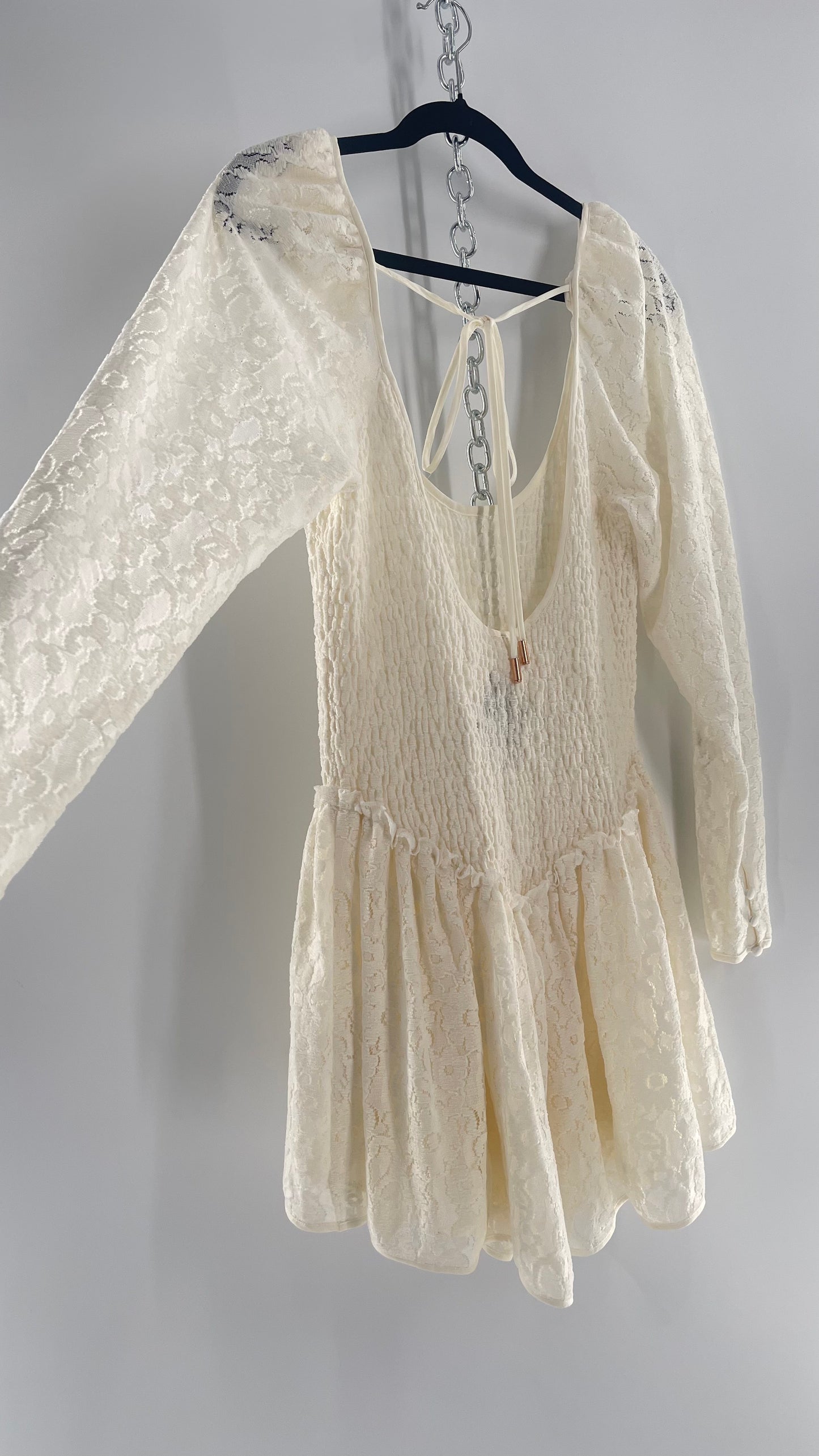 Free People White Velvet Lace Dress with Smocked Bodice and Pointed Waistline (Medium)