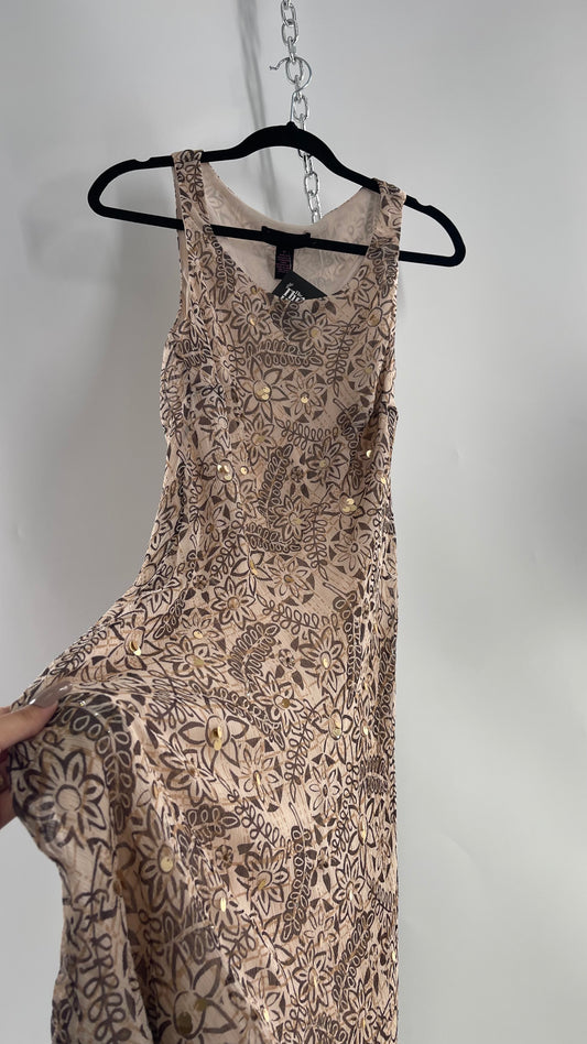 Vintage SIGNATURE by Robbie Bee Brown Floral 100% Silk Beaded and Sequin Midi Dress (12)