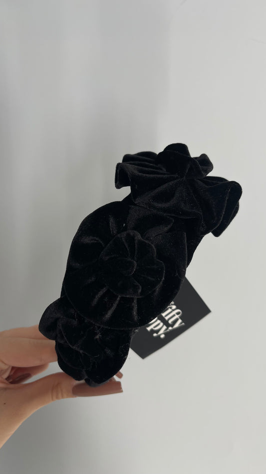 ZARA Black Velvet Headband with Flower Appliqués
