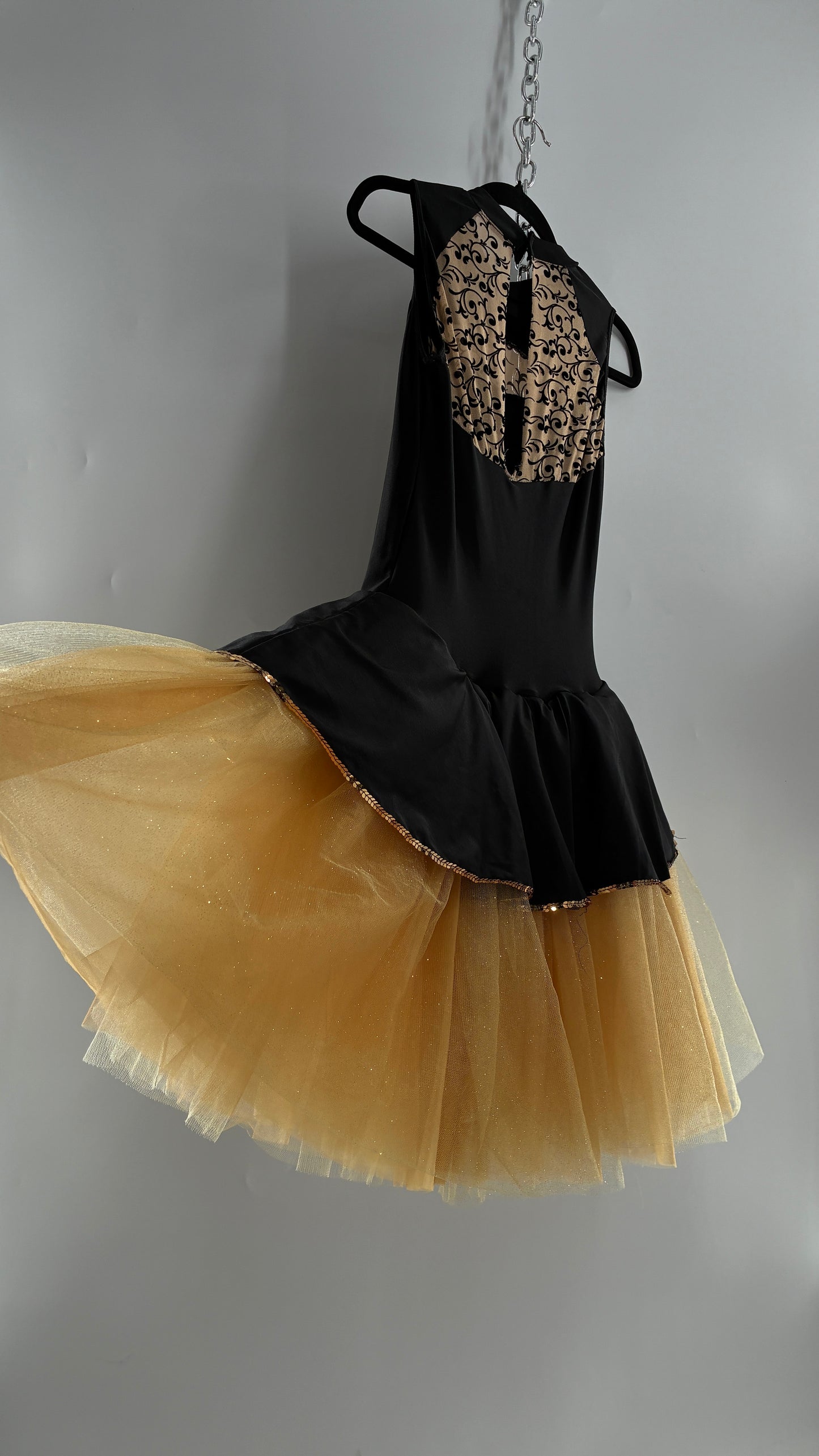 Costume Dancewear Mini Dress with Full Tulle Skirt, and Lace Appliqués (Medium Adult)
