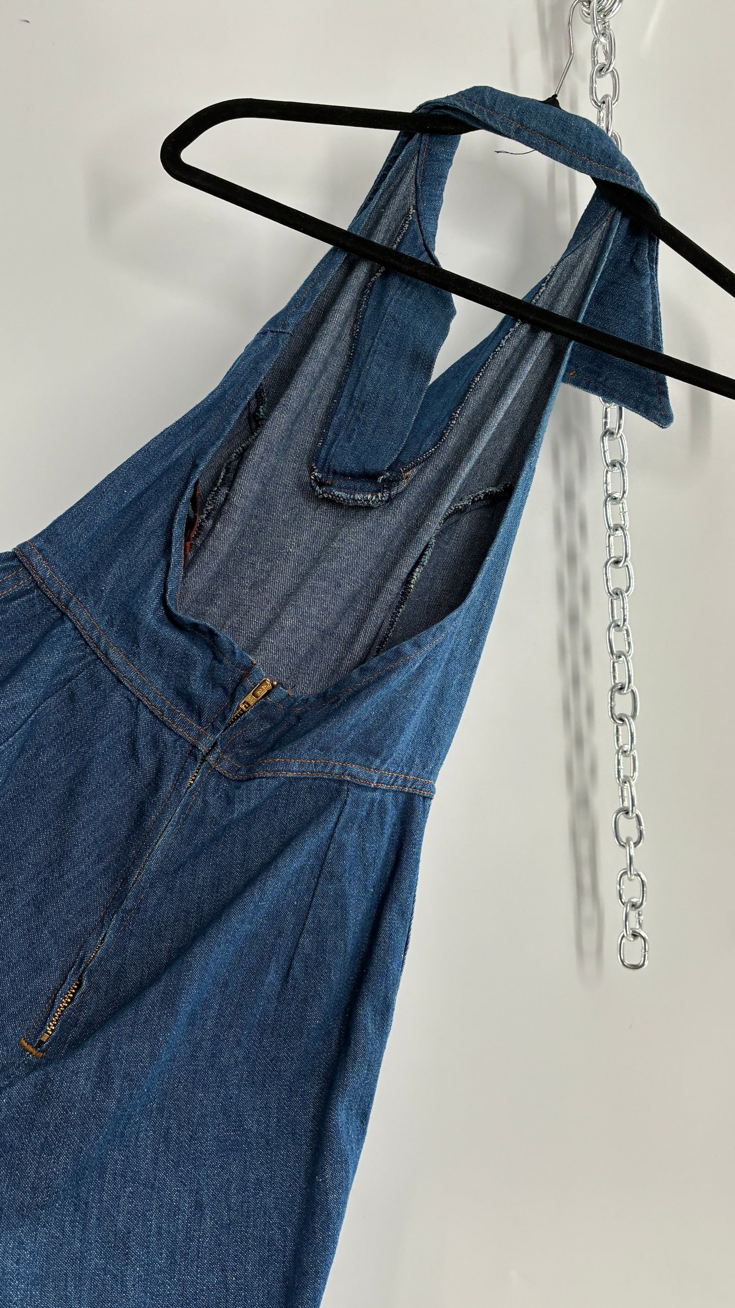 RARE Vintage 1970s Landlubber Medium Wash Denim, Sleeveless Halter, Wide Leg Bell Bottom, Jumpsuit (No Size on Tag, XS)