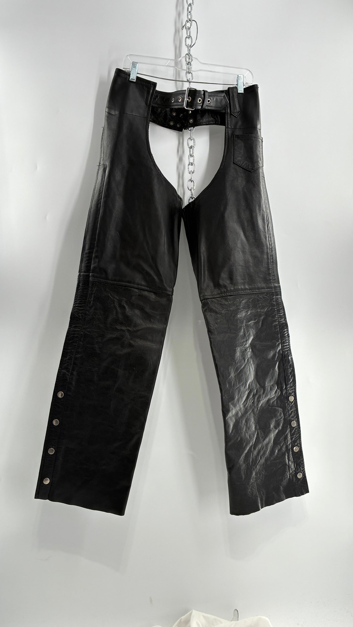 Vintage Xelement Black Genuine Leather Motorcycle Chaps with Side Zipper and Button Closure (34)