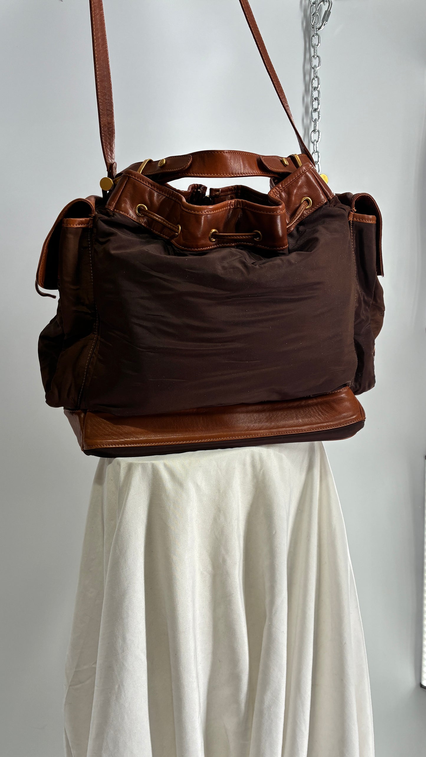 Vintage DONNA KARAN DKNY Oversized XL Brown Zip Front Bag with Leather Details