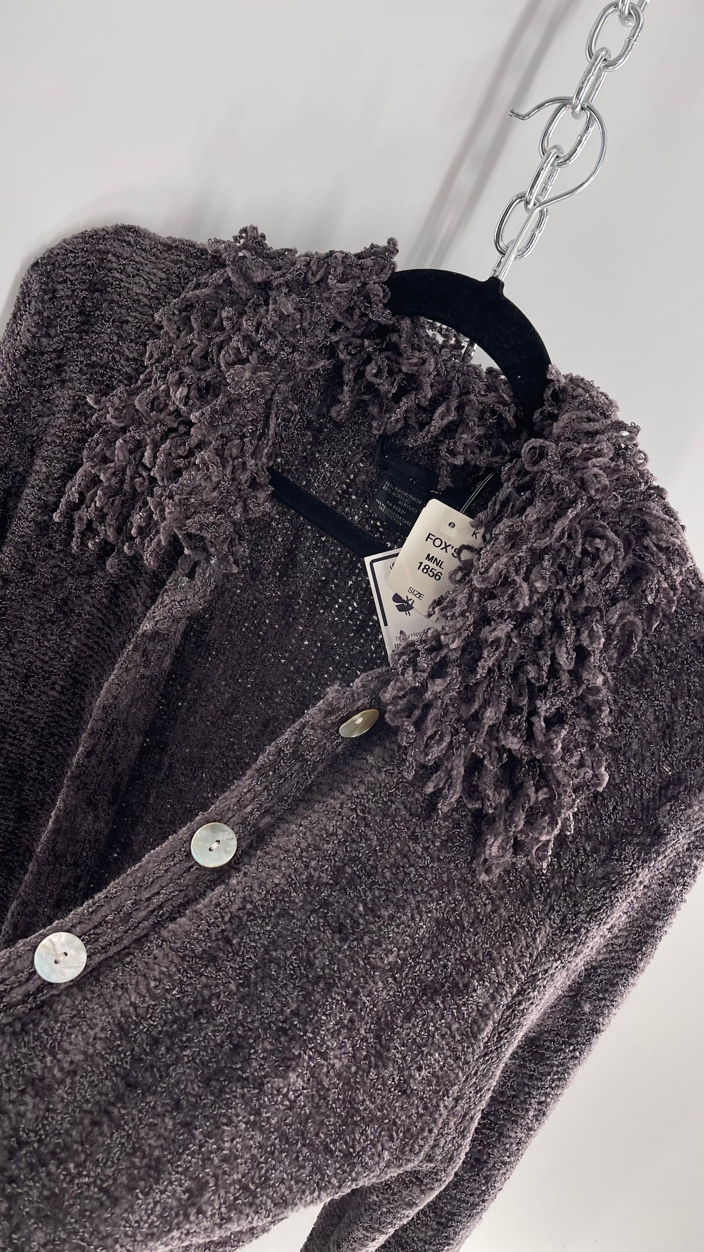 Vintage Grey Chenile Cardigan with Fuzzy Cuffs and Collar (XL)