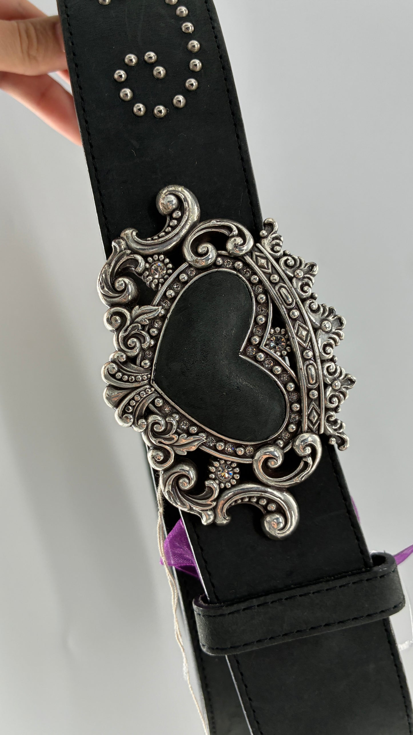 Extremely RARE Vintage BRIGHTON Genuine Leather Black Studded Belt with Crowned Heart Buckle (ML32)
