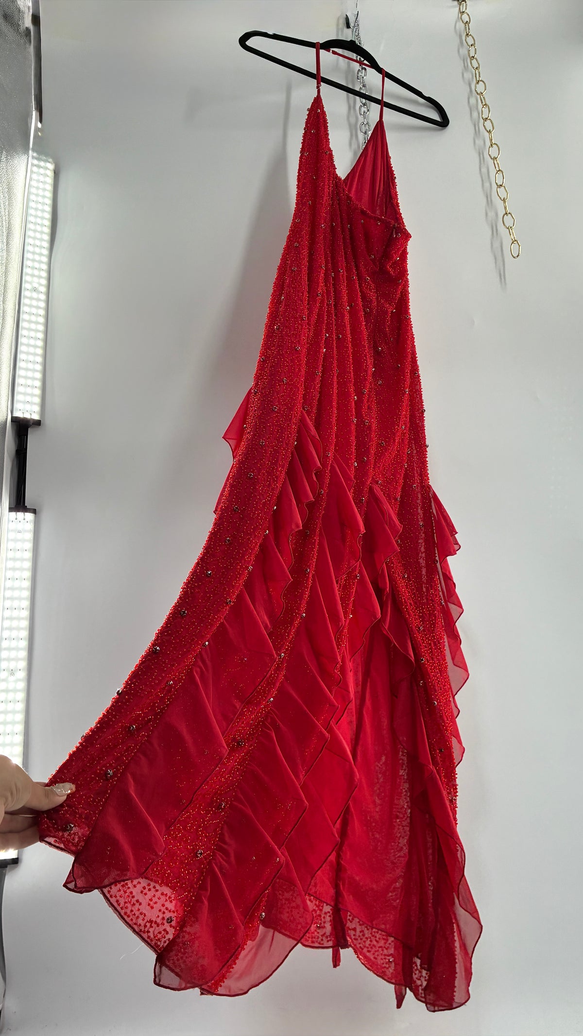 OH POLLY Red Beaded Gown with Ruffled Detailing NWOT (14)