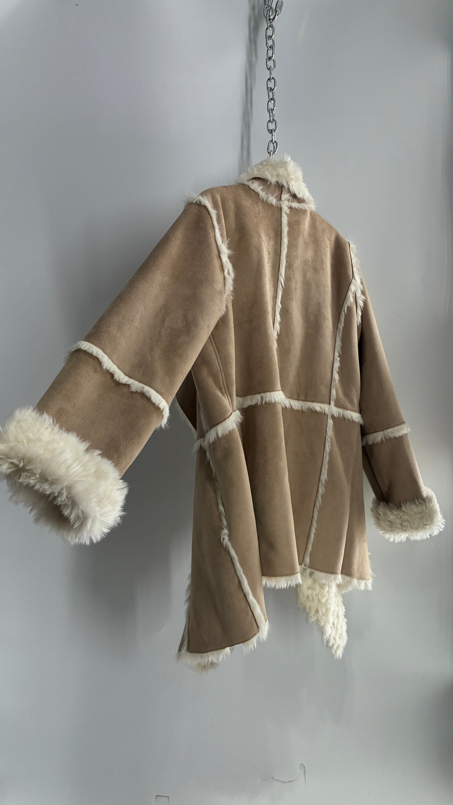 Fabulous Furs Vegan Suede Coat with Faux Fur Piping and Cuffs (Large)