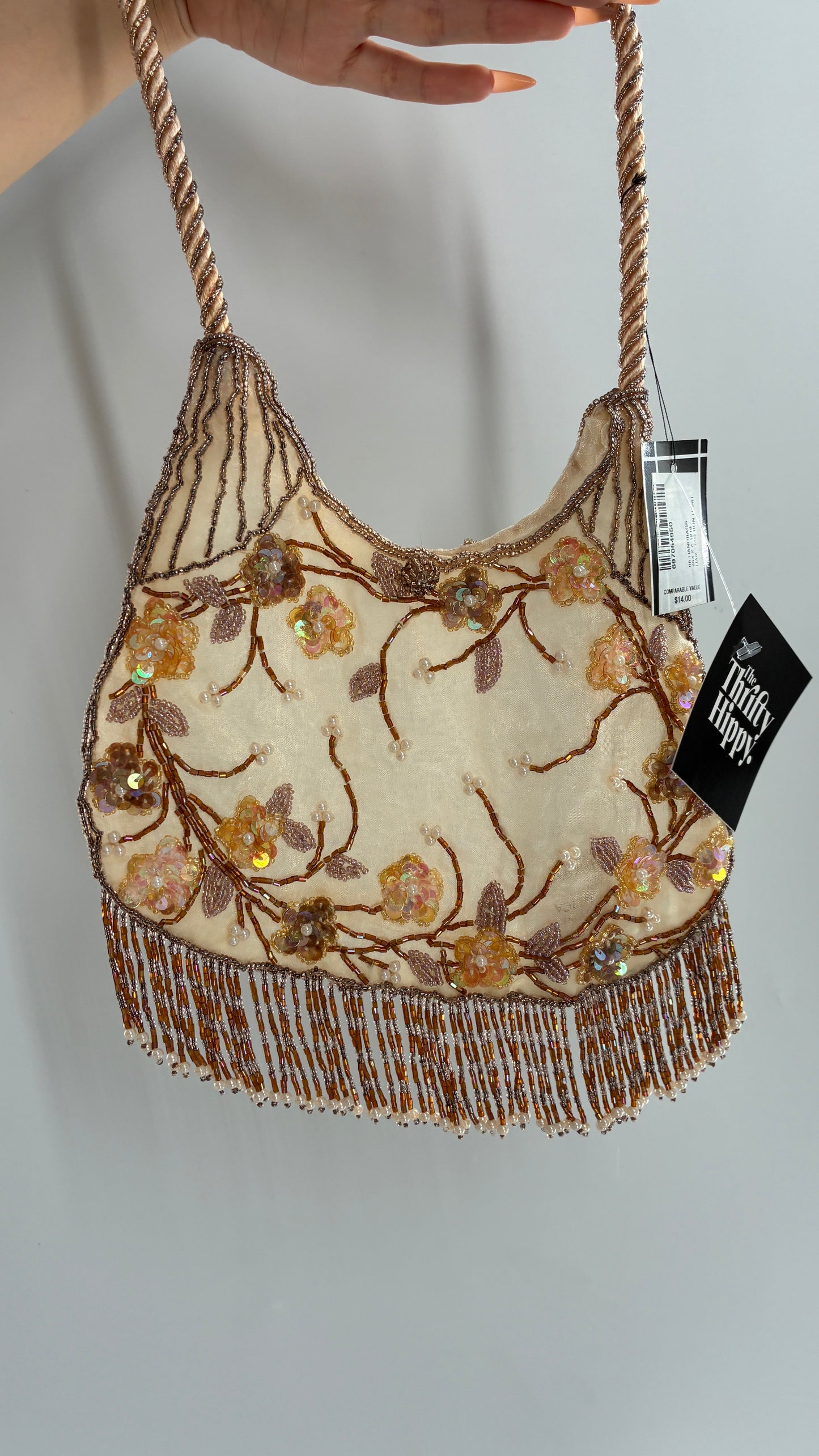 Vintage Deadstock Beige Beaded Fringe Purse with Embroidered Beaded Florals