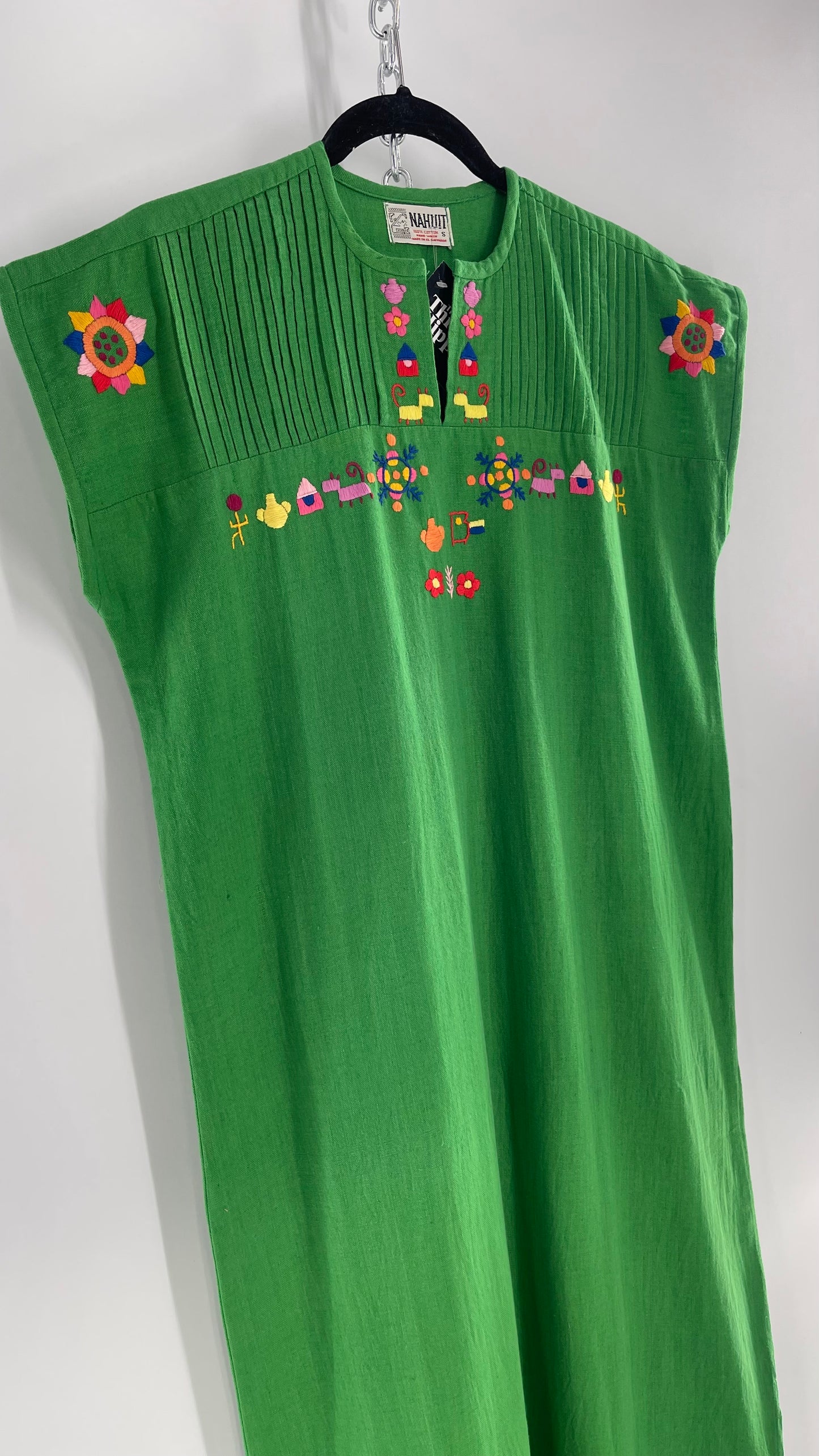 Vintage 1970s NAHUIT 100% Cotton, Kelly Green, Embroidered Tunic Dress Imported from El Salvador (Small)