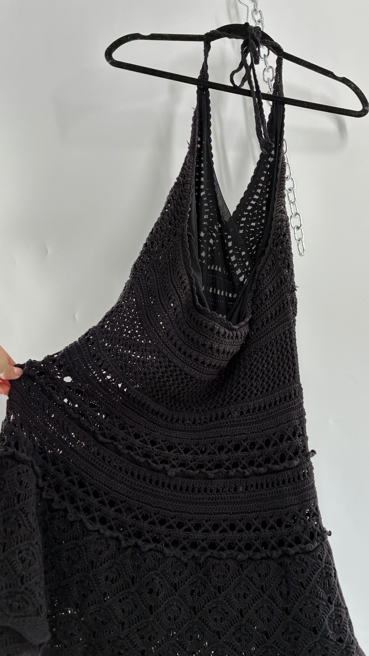 Vintage MODA INTERNATIONAL Black 100% Cotton Crochet Mini Halter Dress with Ruffled Skirt (Medium)