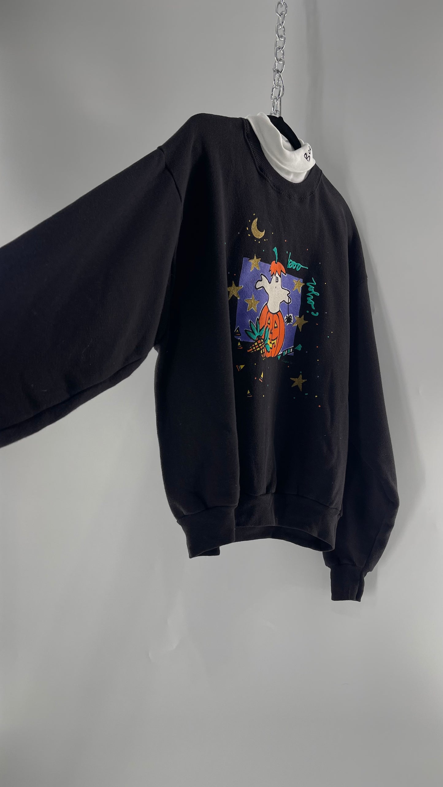 Vintage Black Halloween Graphic Crewneck with White Turtleneck Detail and Boo Embroidery (Large)